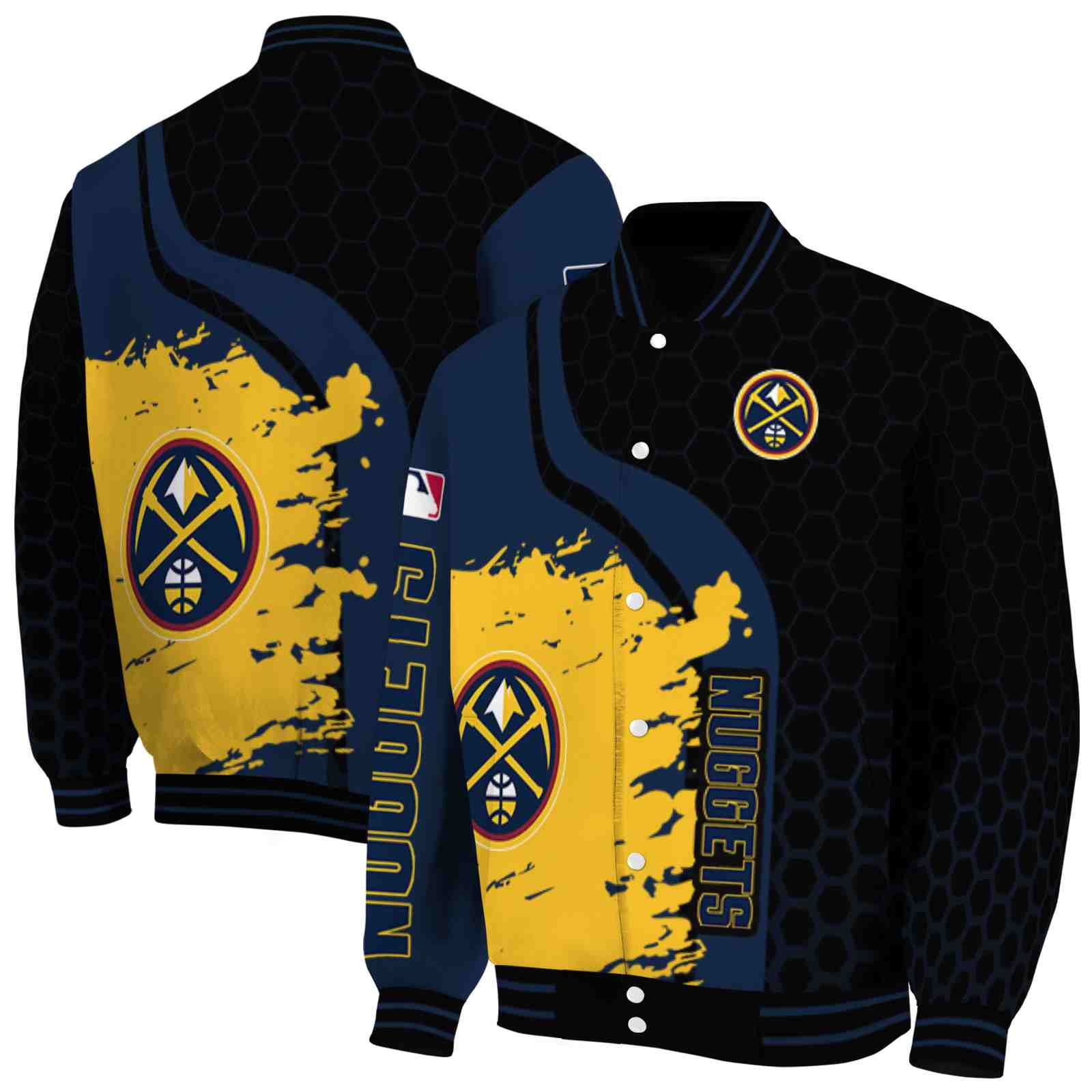 NBA Denver Nuggets Hexagonal Pattern Blue Black Custom Baseball Jacket Sport Fans Gear