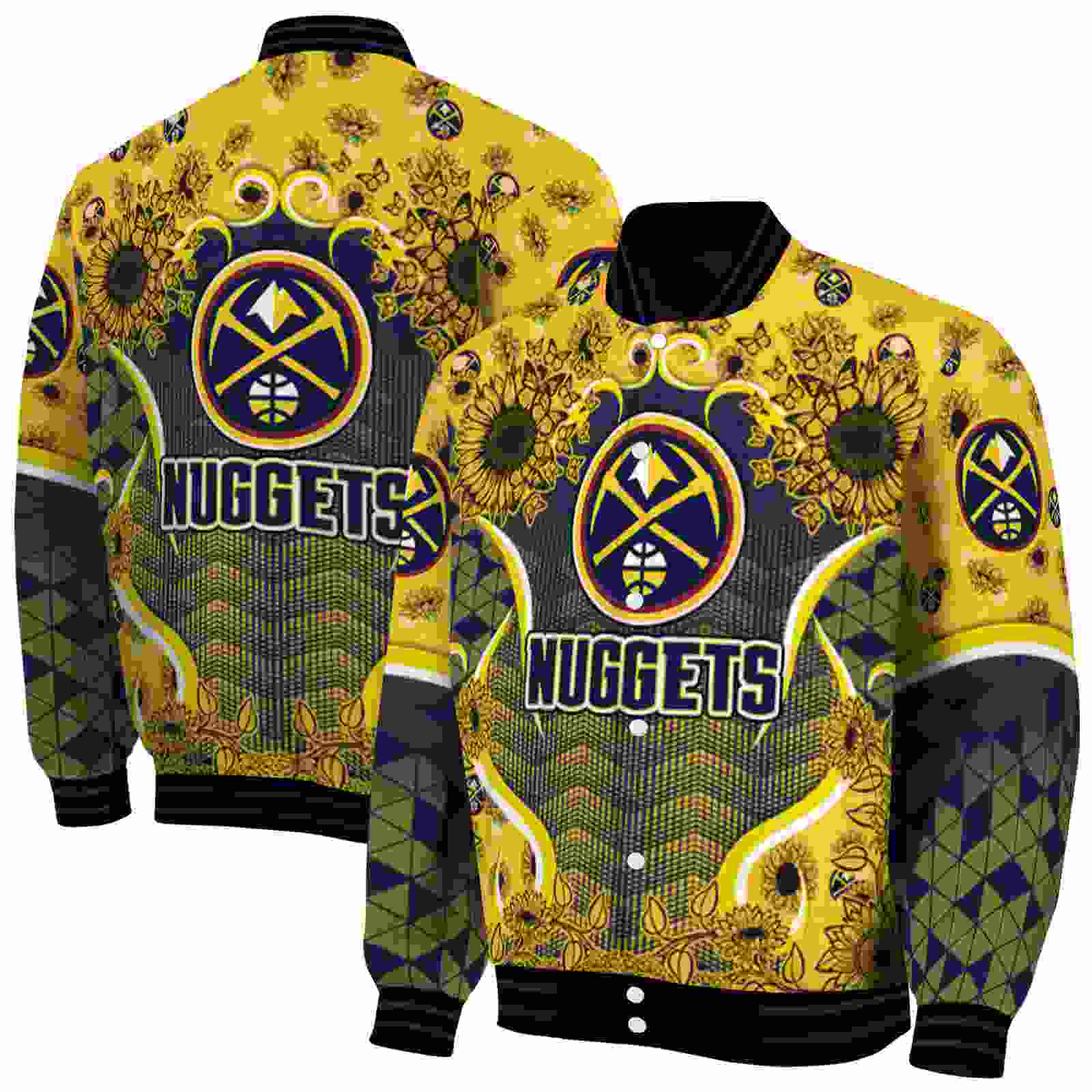 NBA Denver Nuggets SuNFL ower Bloom Blue Yellow Custom Baseball Jacket Sport Fans Gear