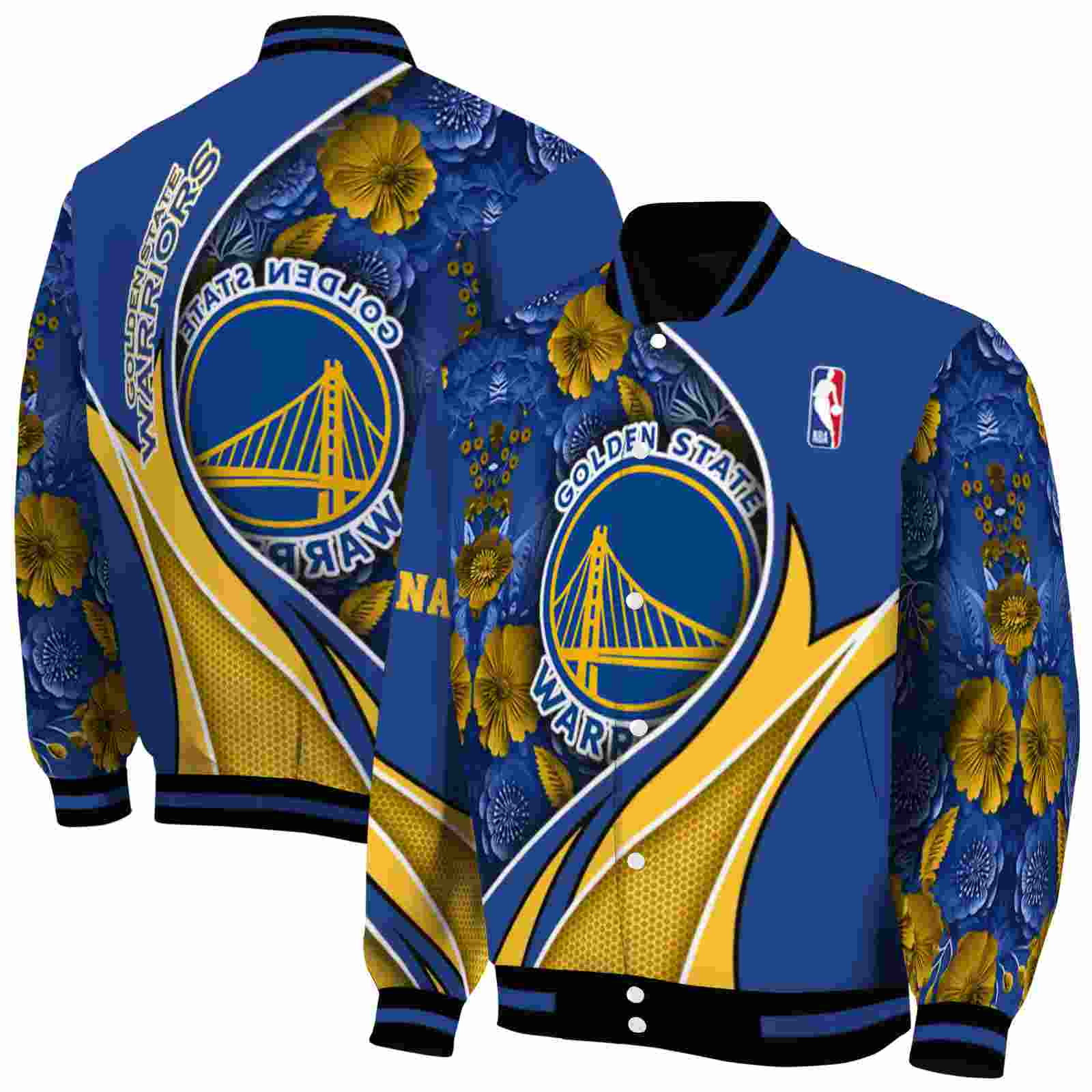 NBA Golden State Warriors Floral Print Blue Custom Baseball Jacket Sport Fans Gear