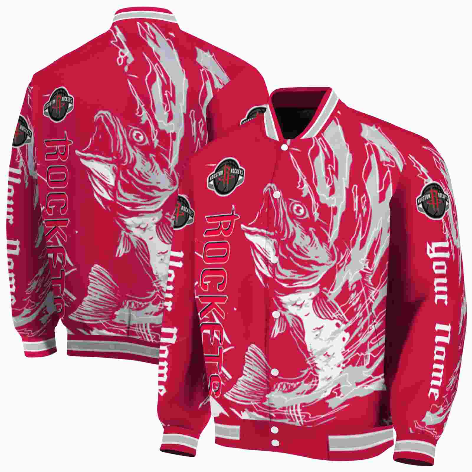 NBA Houston Rockets Fishing Passion Red White Custom Baseball Jacket Sport Fans Gear