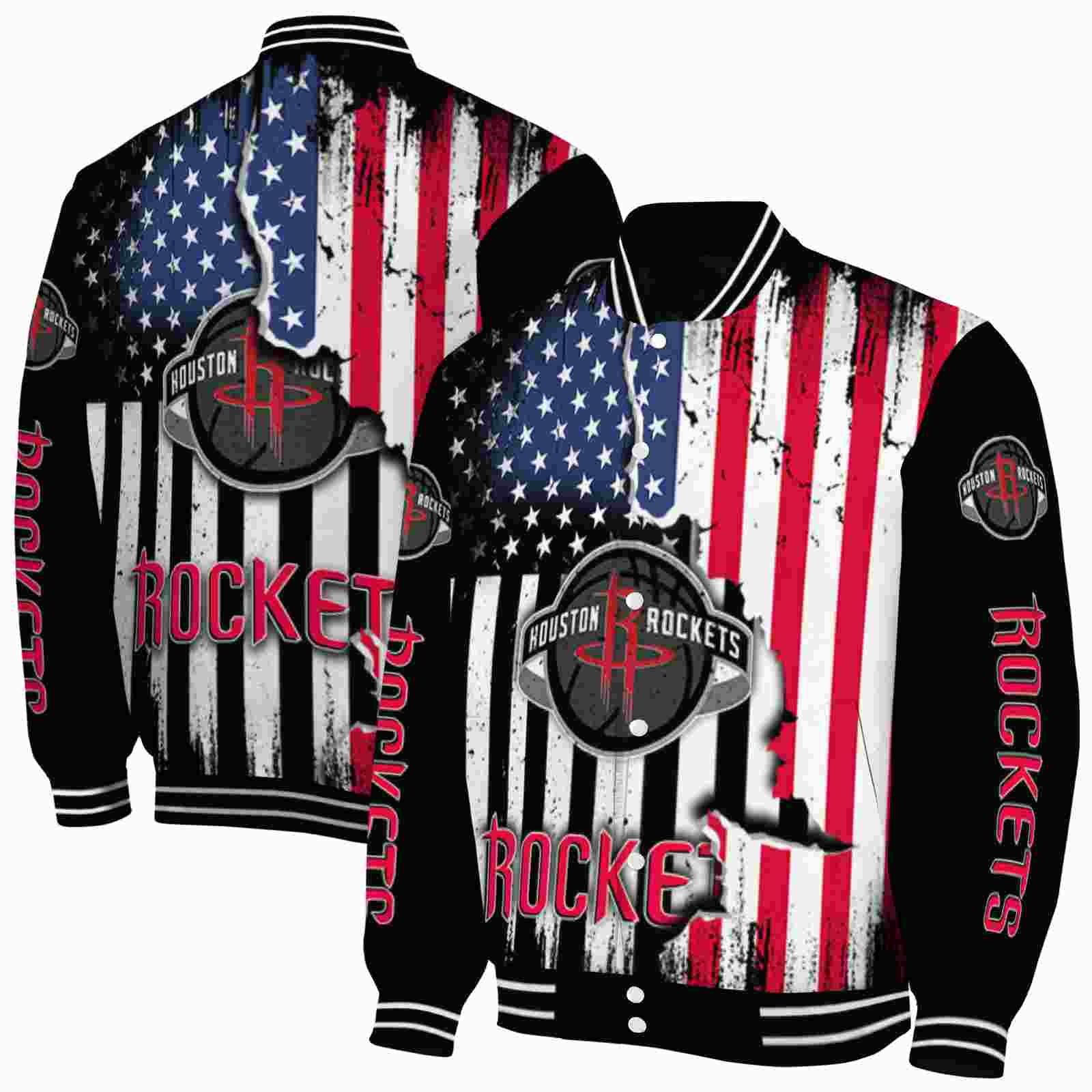NBA Houston Rockets Patriotic Theme Black Custom Baseball Jacket Sport Fans Gear