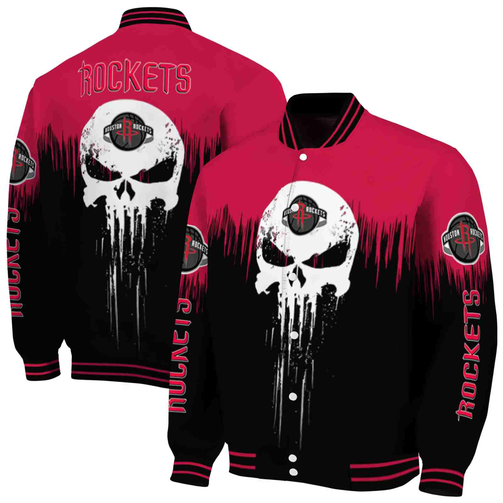NBA Houston Rockets Punisher Skull Red Black White Custom Baseball Jacket Sport Fans Gear