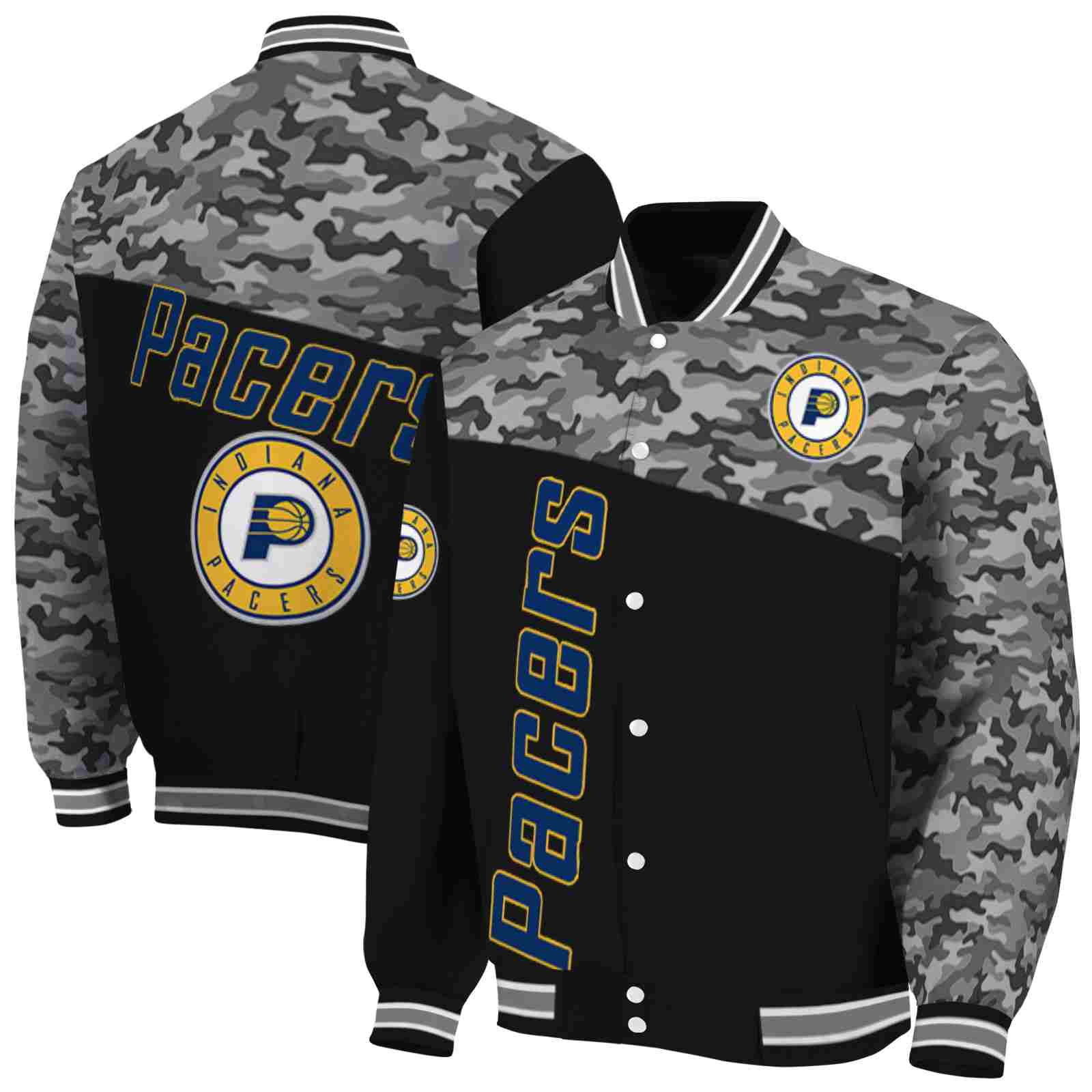 NBA Indiana Pacers Camo Patchwork Black Custom Baseball Jacket Sport Fans Gear