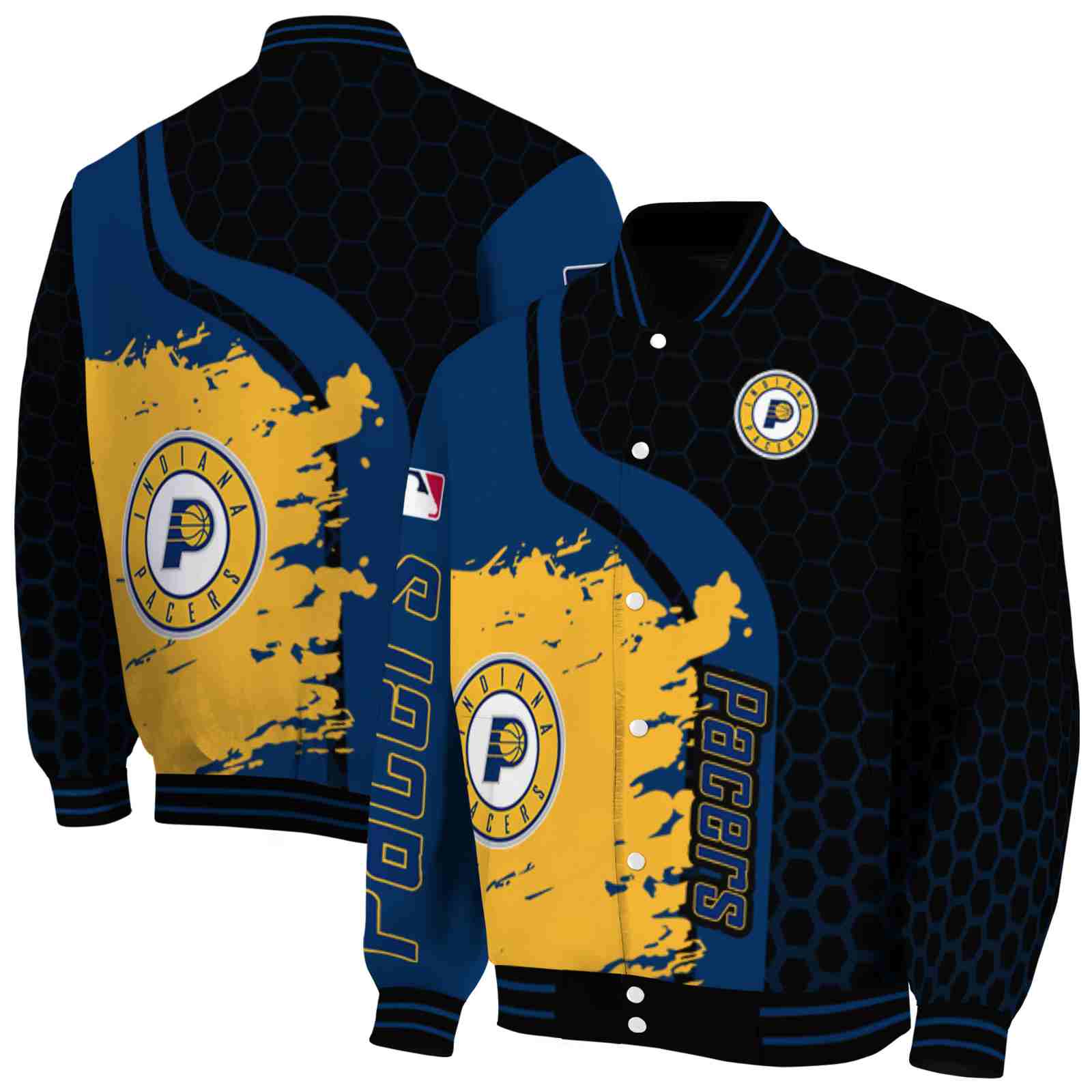 NBA Indiana Pacers Hexagonal Pattern Blue Black Custom Baseball Jacket Sport Fans Gear