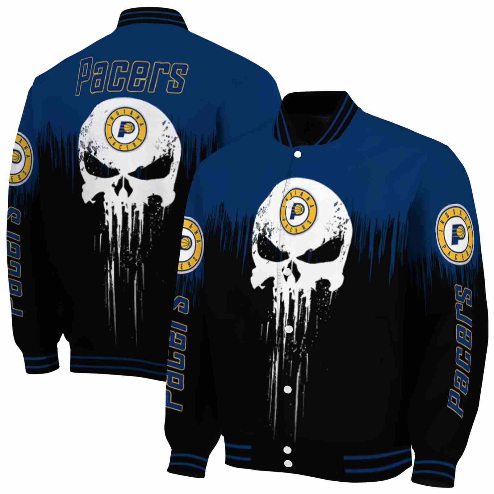 NBA Indiana Pacers Punisher Skull Blue Black White Custom Baseball Jacket Sport Fans Gear