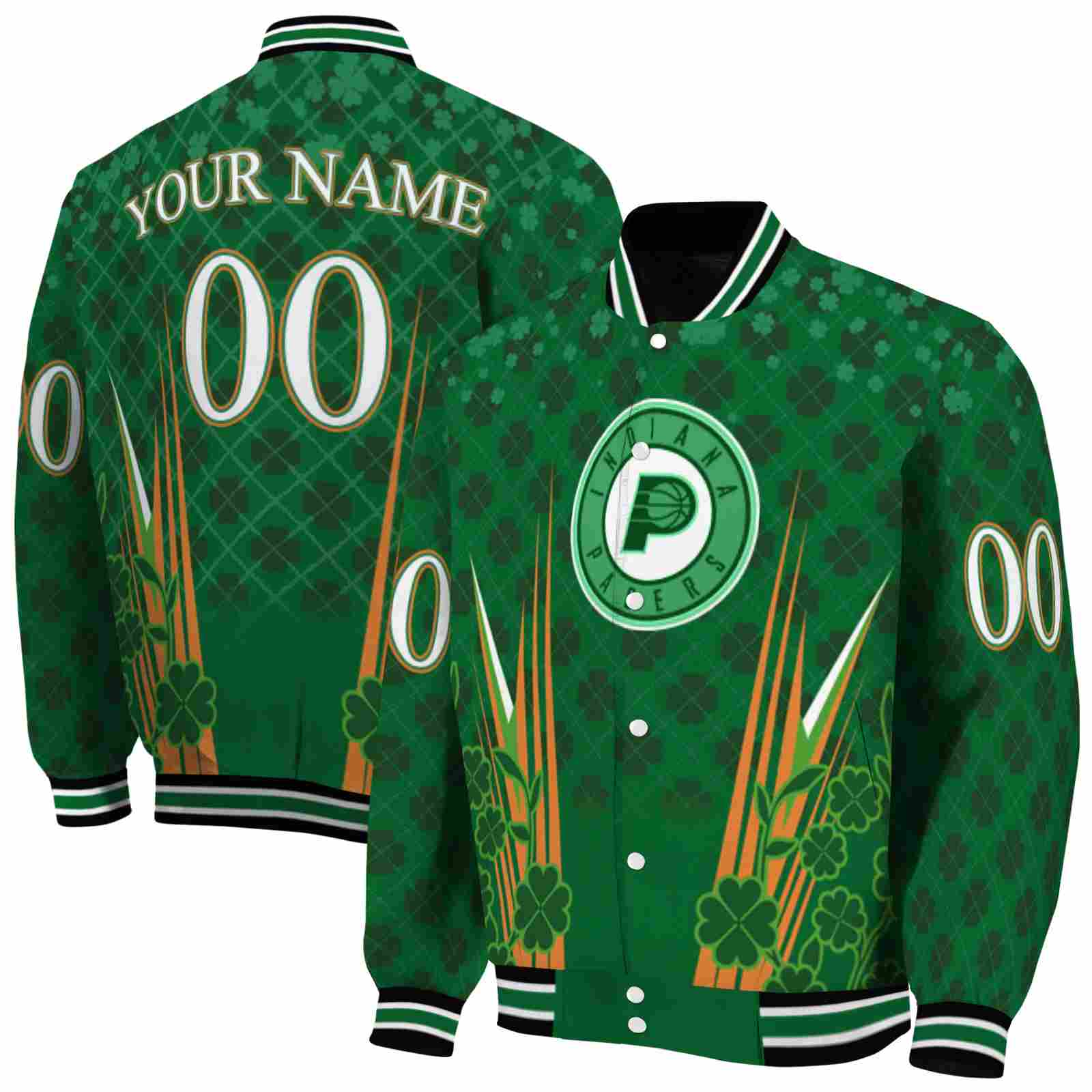NBA Indiana Pacers Shamrock Pattern Green Custom Baseball Jacket Sport Fans Gear