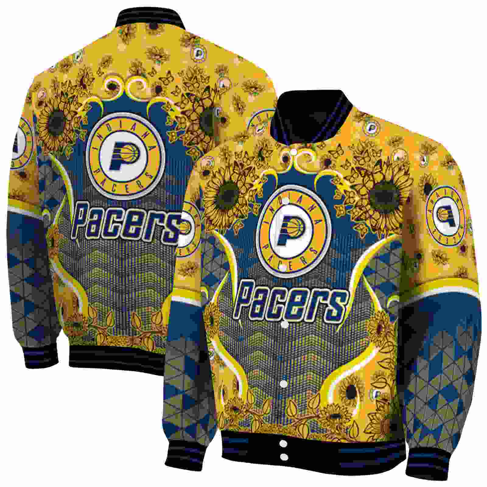 NBA Indiana Pacers SuNFL ower Bloom Blue Yellow Custom Baseball Jacket Sport Fans Gear