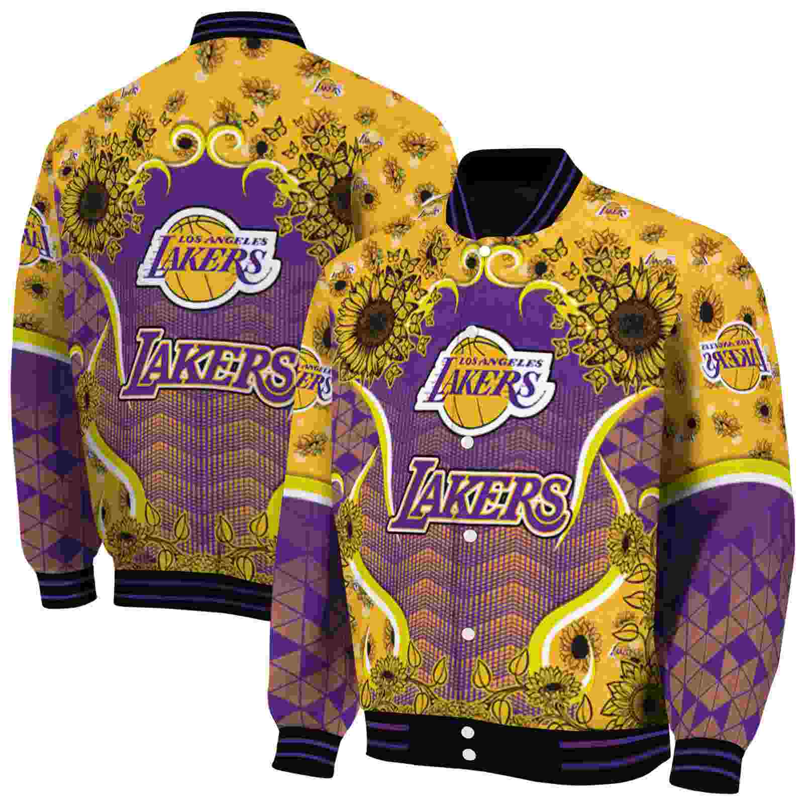 NBA Los Angeles Lakers SuNFL ower Bloom Purple Yellow Custom Baseball Jacket Sport Fans Gear