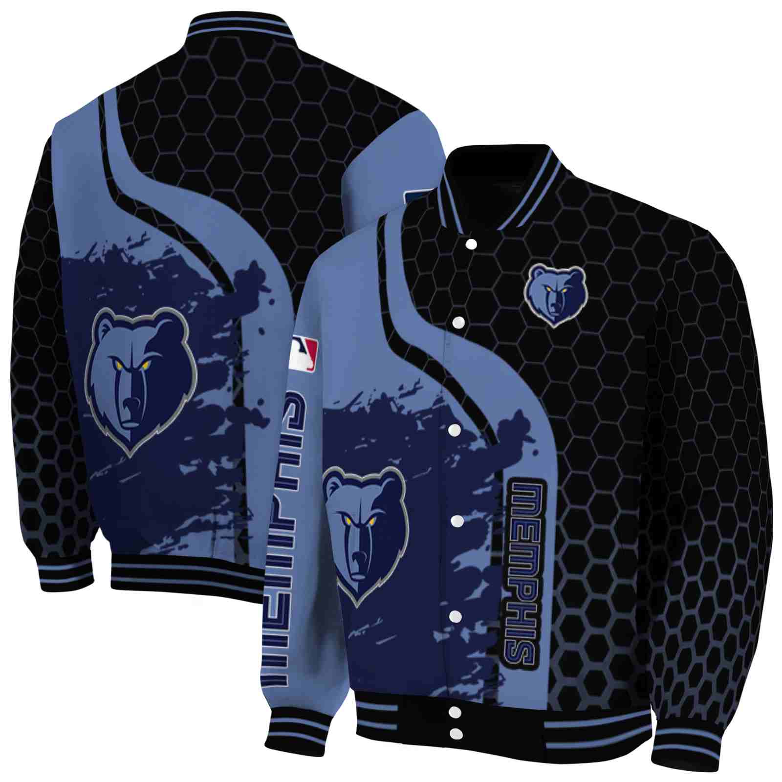 NBA Memphis Grizzlies Hexagonal Pattern Blue Black Custom Baseball Jacket Sport Fans Gear