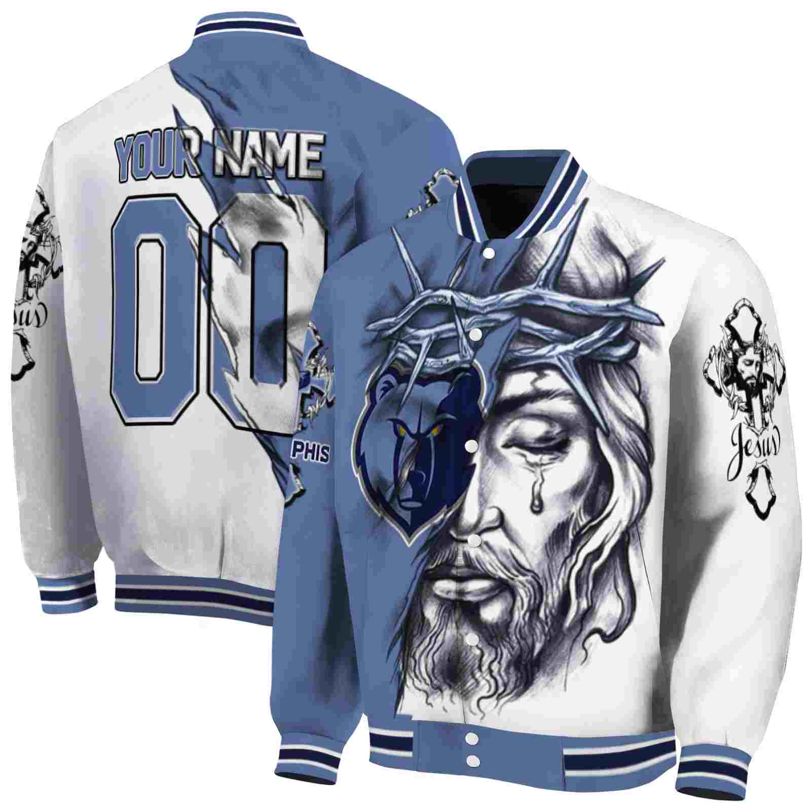 NBA Memphis Grizzlies Jesus Tears Blue White Custom Baseball Jacket Sport Fans Gear