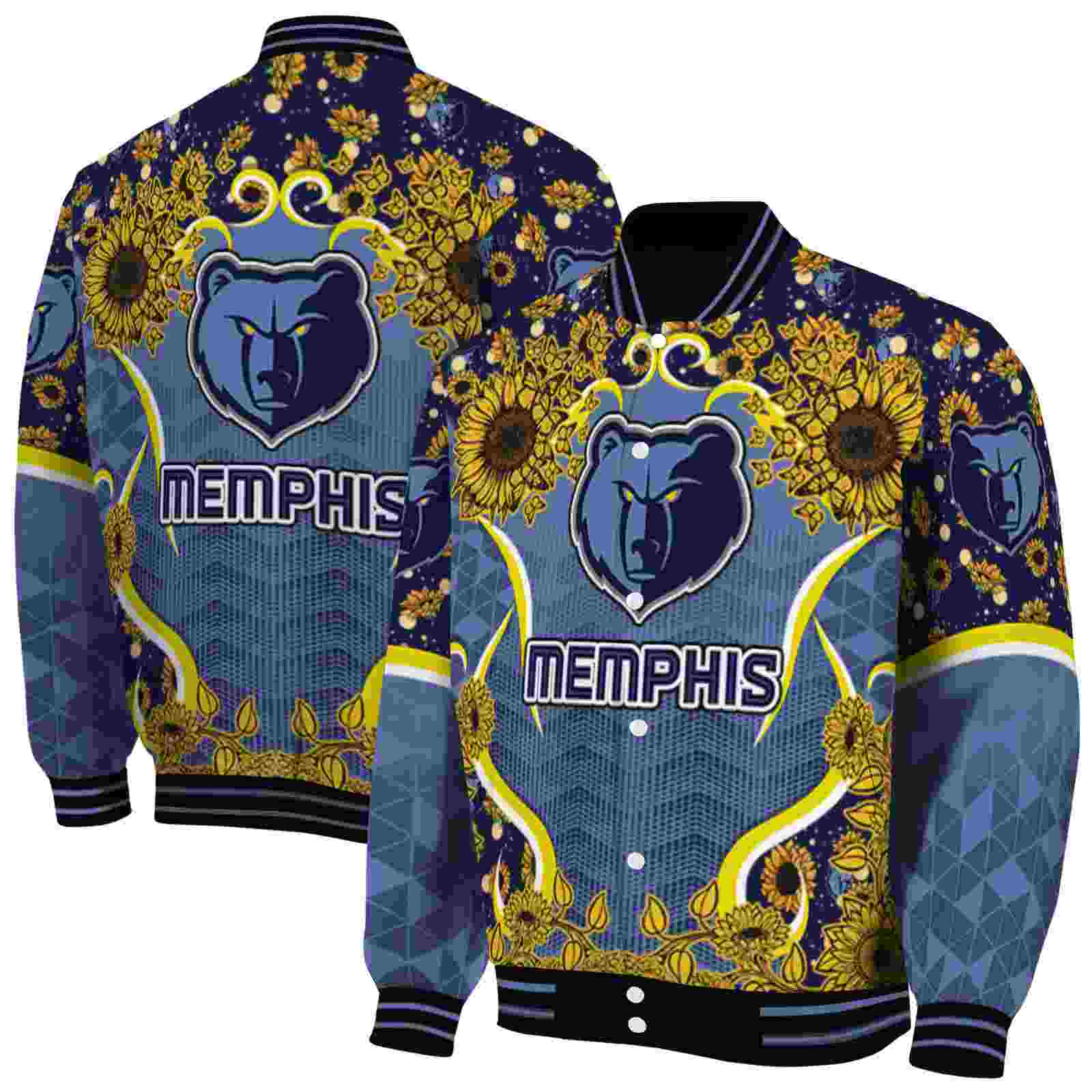 NBA Memphis Grizzlies SuNFL ower Bloom Blue Yellow Custom Baseball Jacket Sport Fans Gear