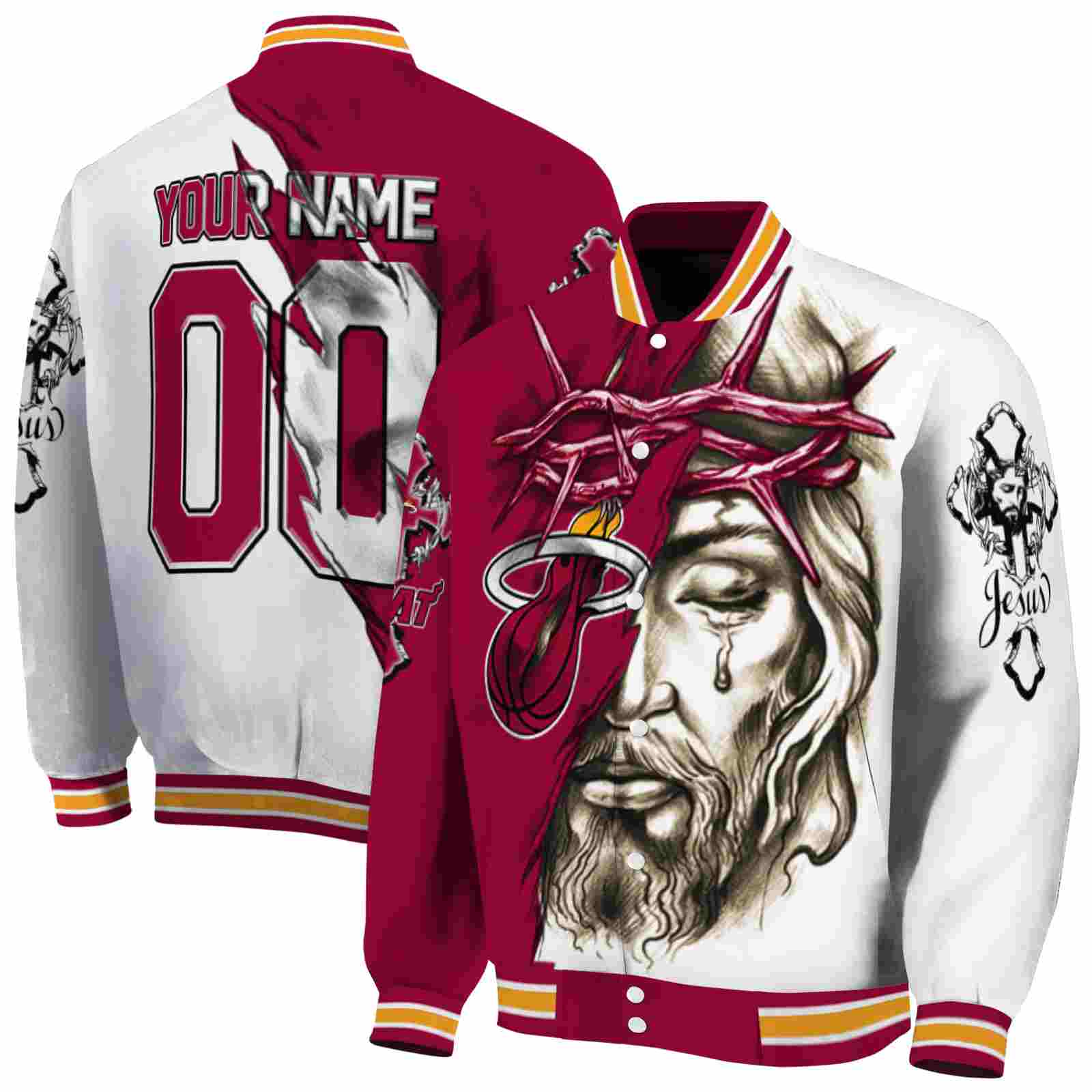 NBA Miami Heat Jesus Tears Red White Custom Baseball Jacket Sport Fans Gear
