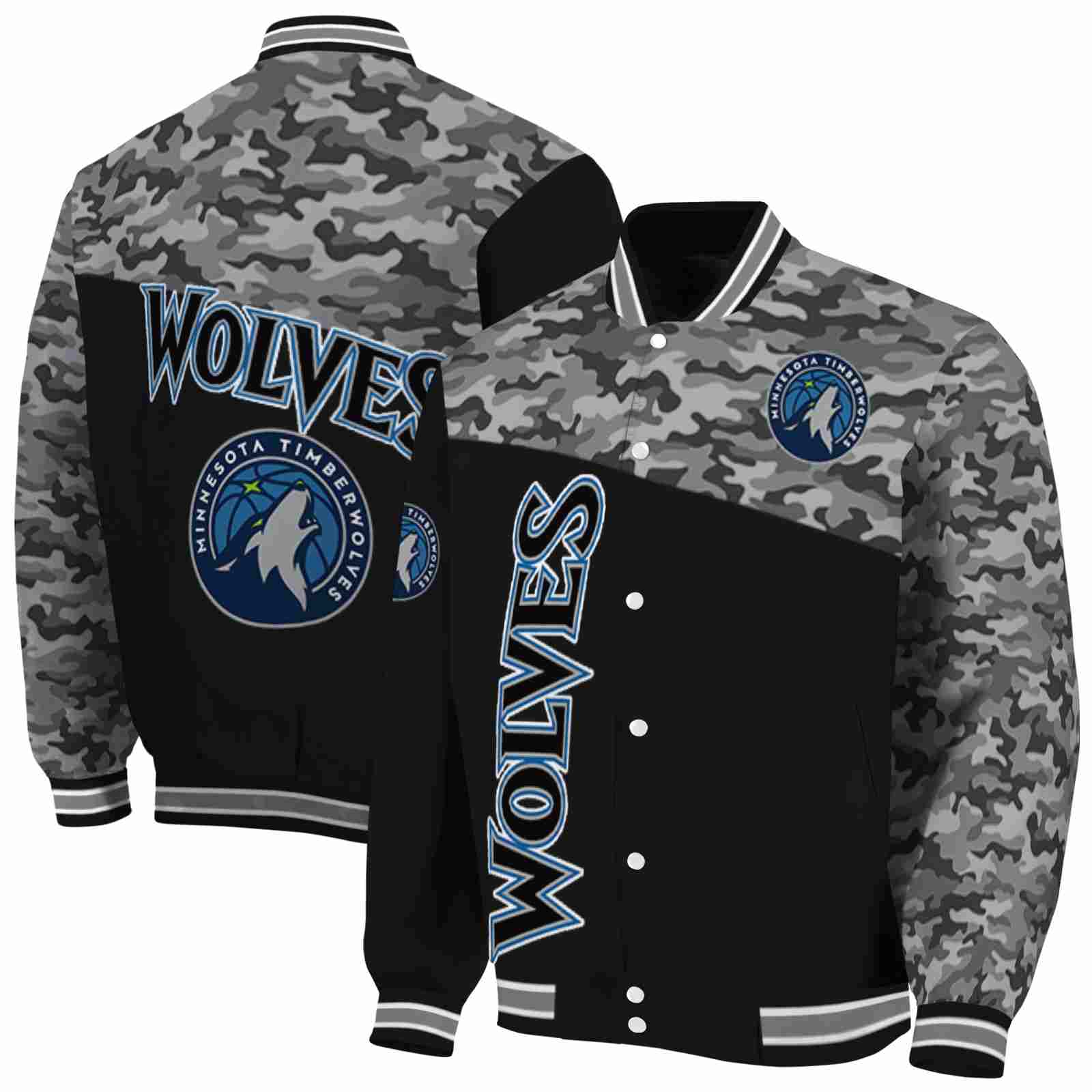 NBA Minnesota Timberwolves Camo Patchwork Black Custom Baseball Jacket Sport Fans Gear