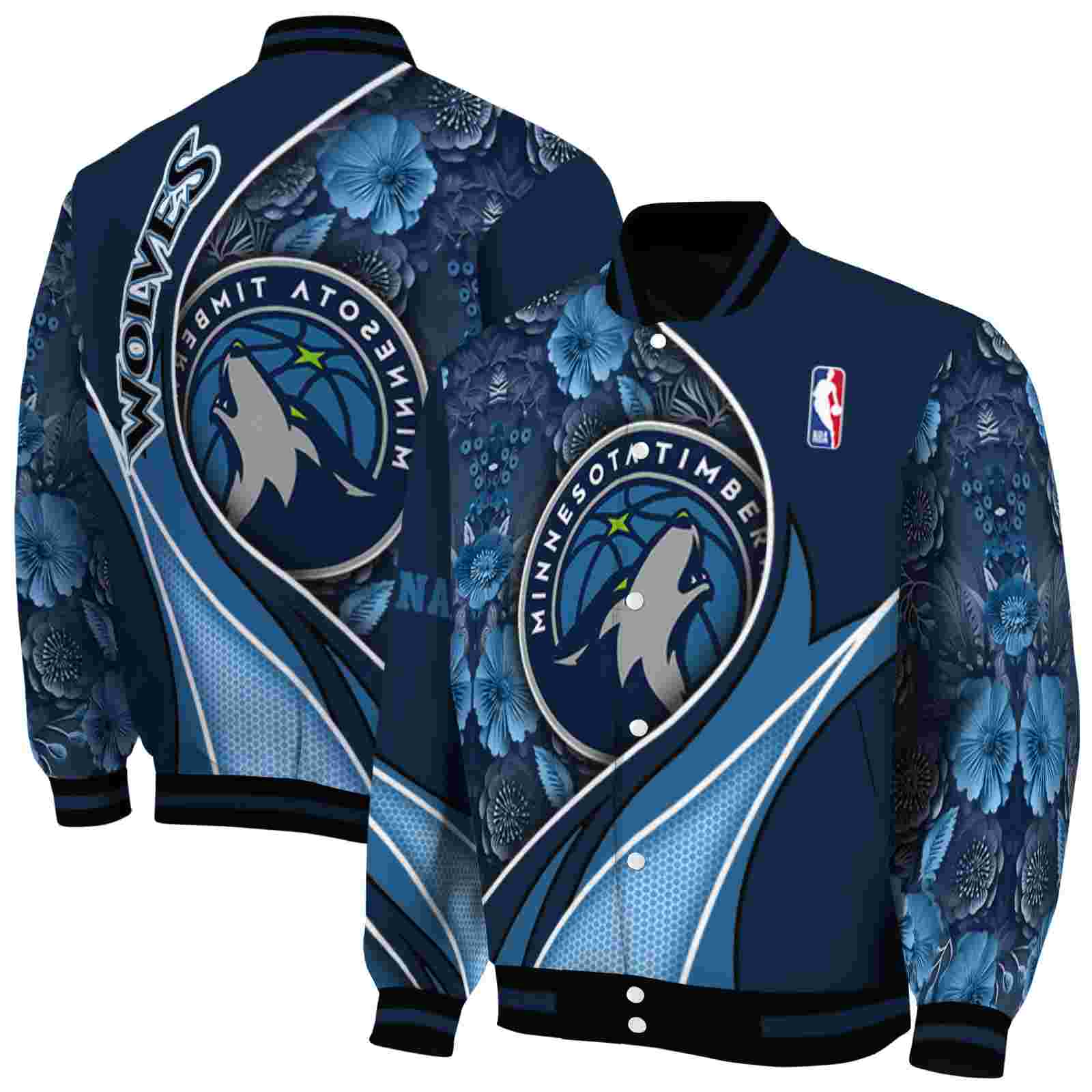 NBA Minnesota Timberwolves Floral Print Midnight Blue Custom Baseball Jacket Sport Fans Gear