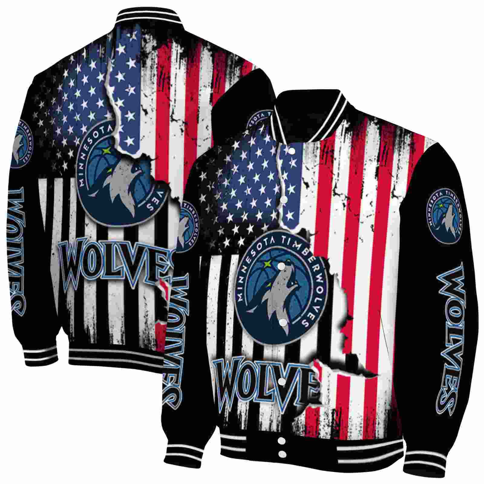 NBA Minnesota Timberwolves Patriotic Theme Black Custom Baseball Jacket Sport Fans Gear