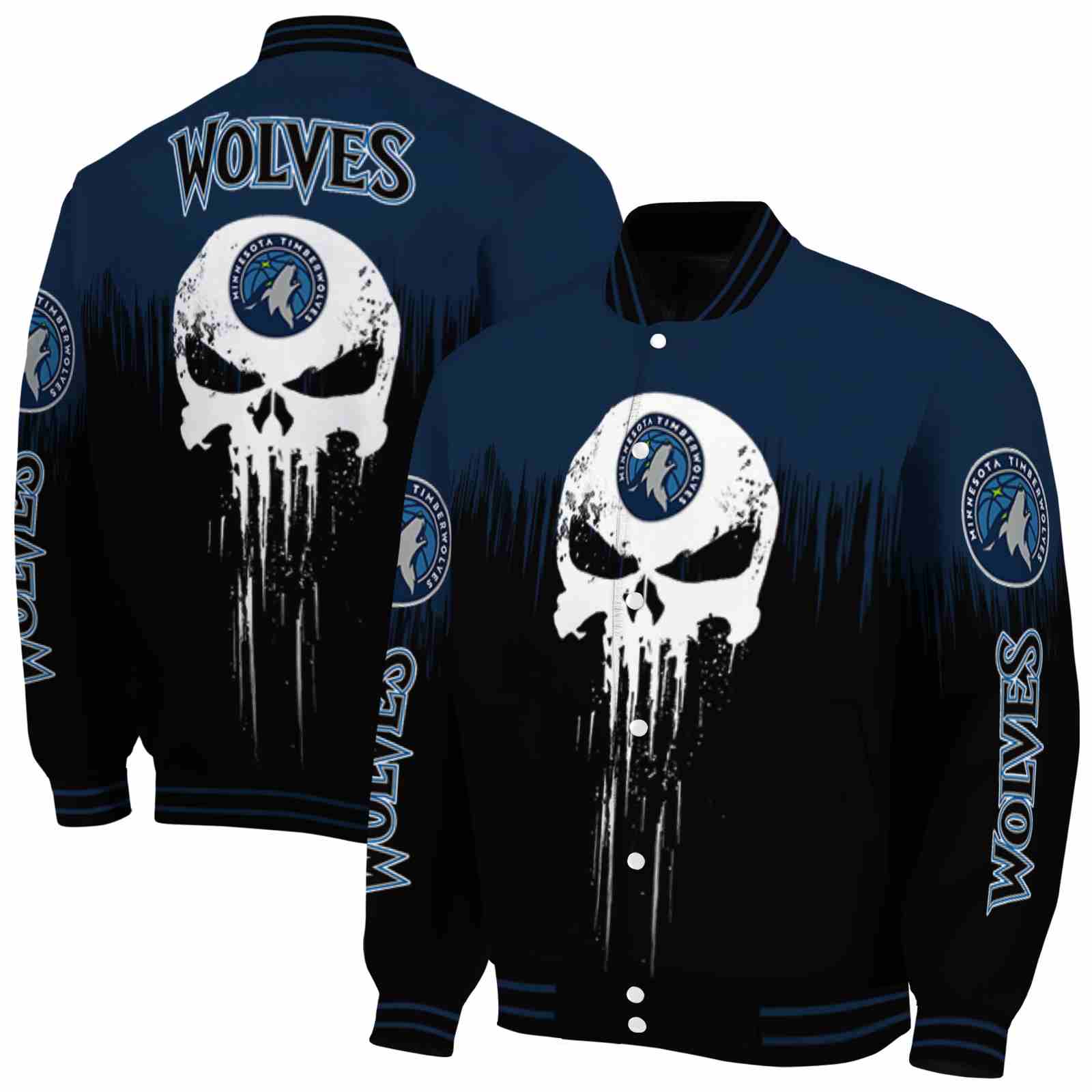 NBA Minnesota Timberwolves Punisher Skull Midnight Blue Black White Custom Baseball Jacket Sport Fans Gear