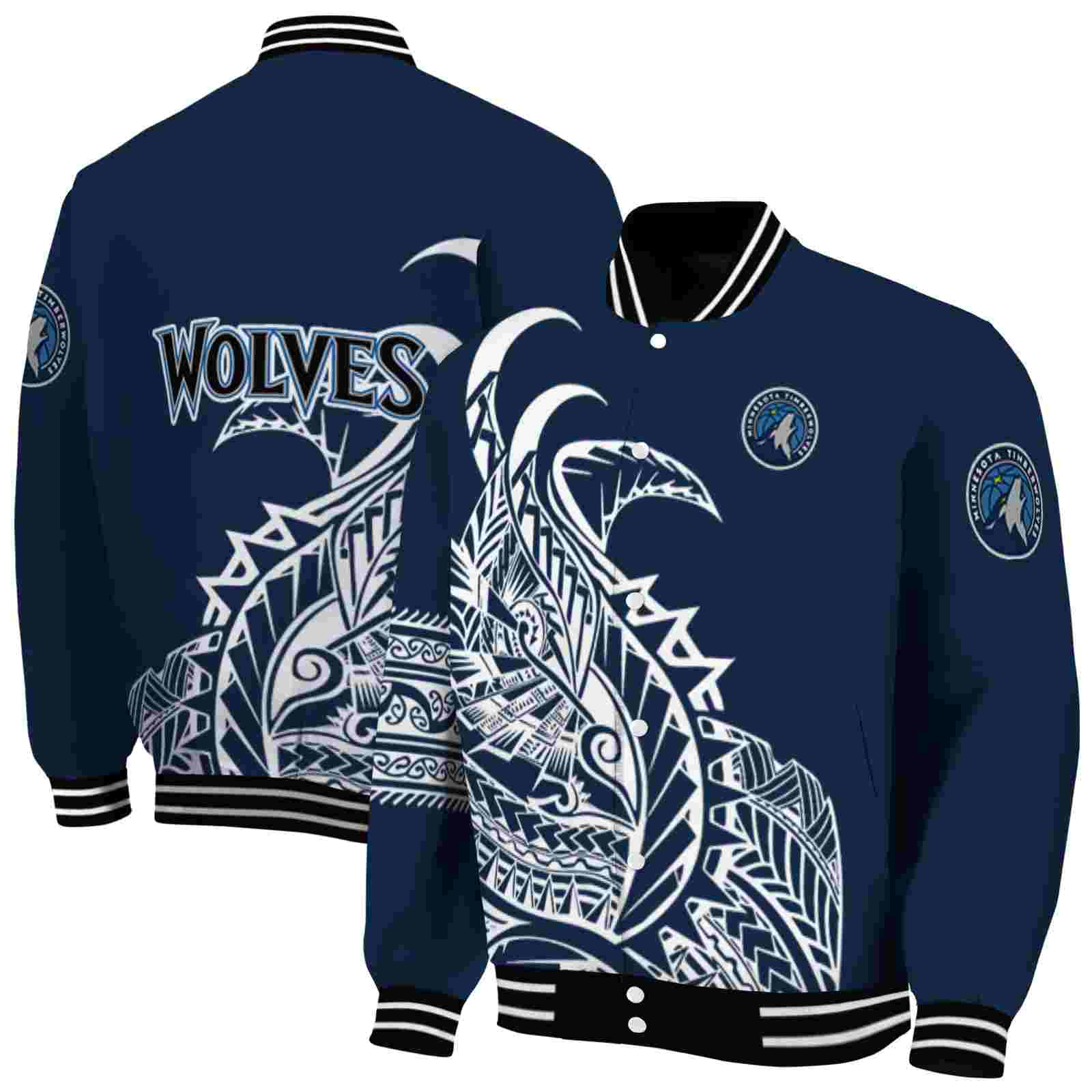 NBA Minnesota Timberwolves Tribal Art Midnight Blue White Black Custom Baseball Jacket Sport Fans Gear