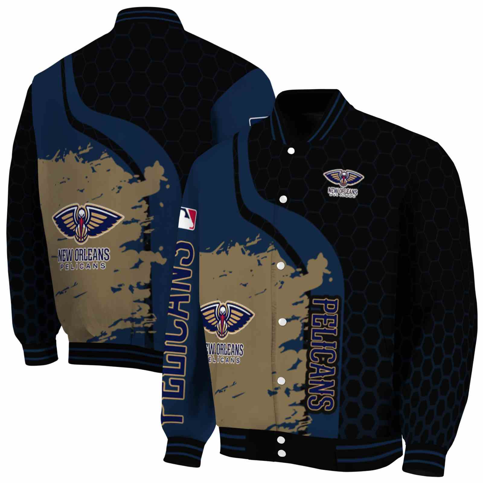 NBA New Orleans Pelicans Hexagonal Pattern Navy Black Custom Baseball Jacket Sport Fans Gear
