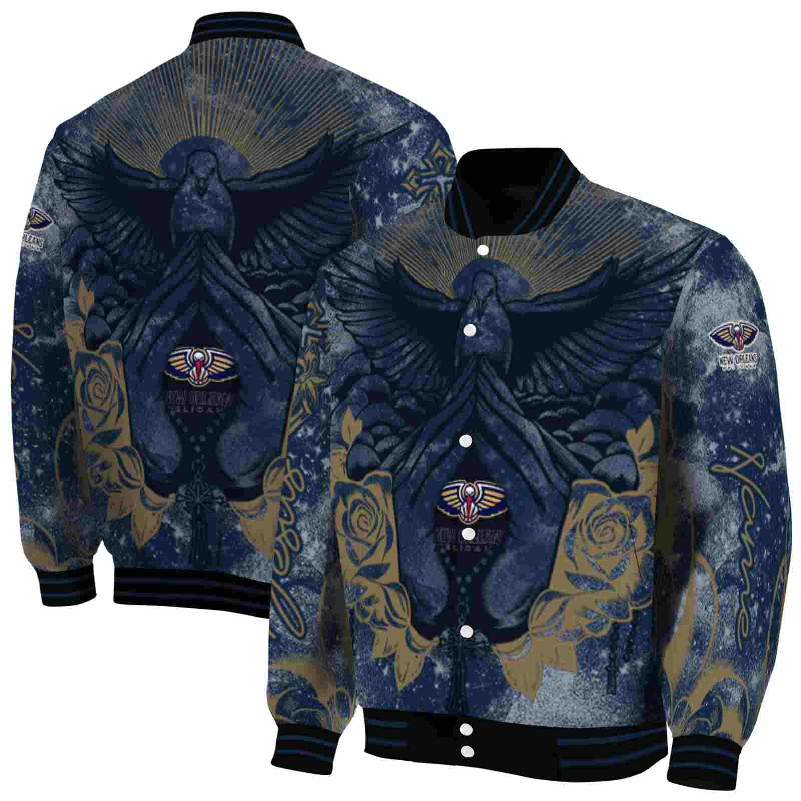 NBA New Orleans Pelicans Praying Hands Navy Custom Baseball Jacket Sport Fans Gear