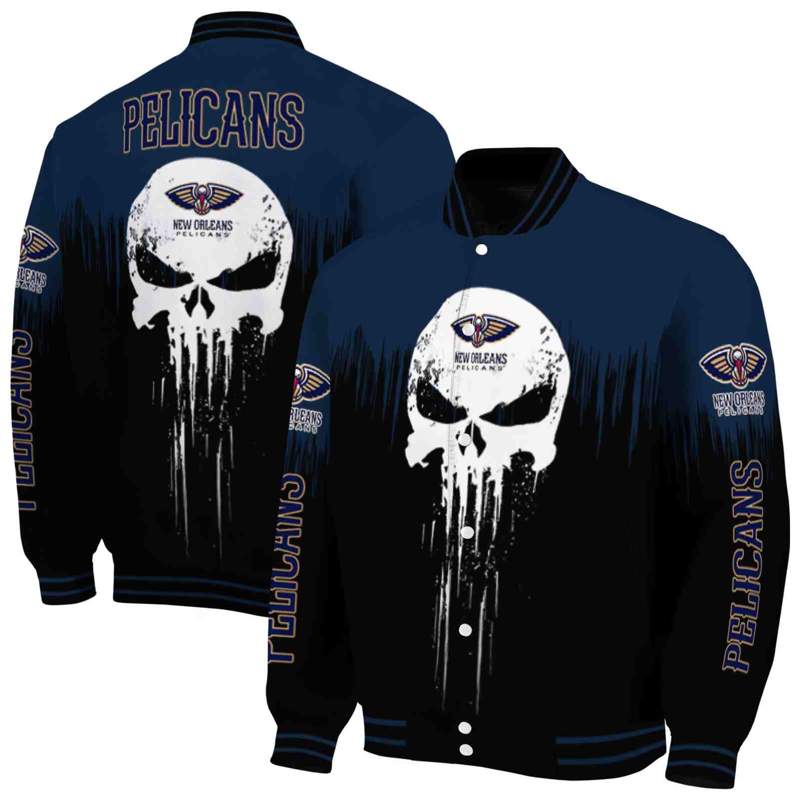 NBA New Orleans Pelicans Punisher Skull Navy Black White Custom Baseball Jacket Sport Fans Gear