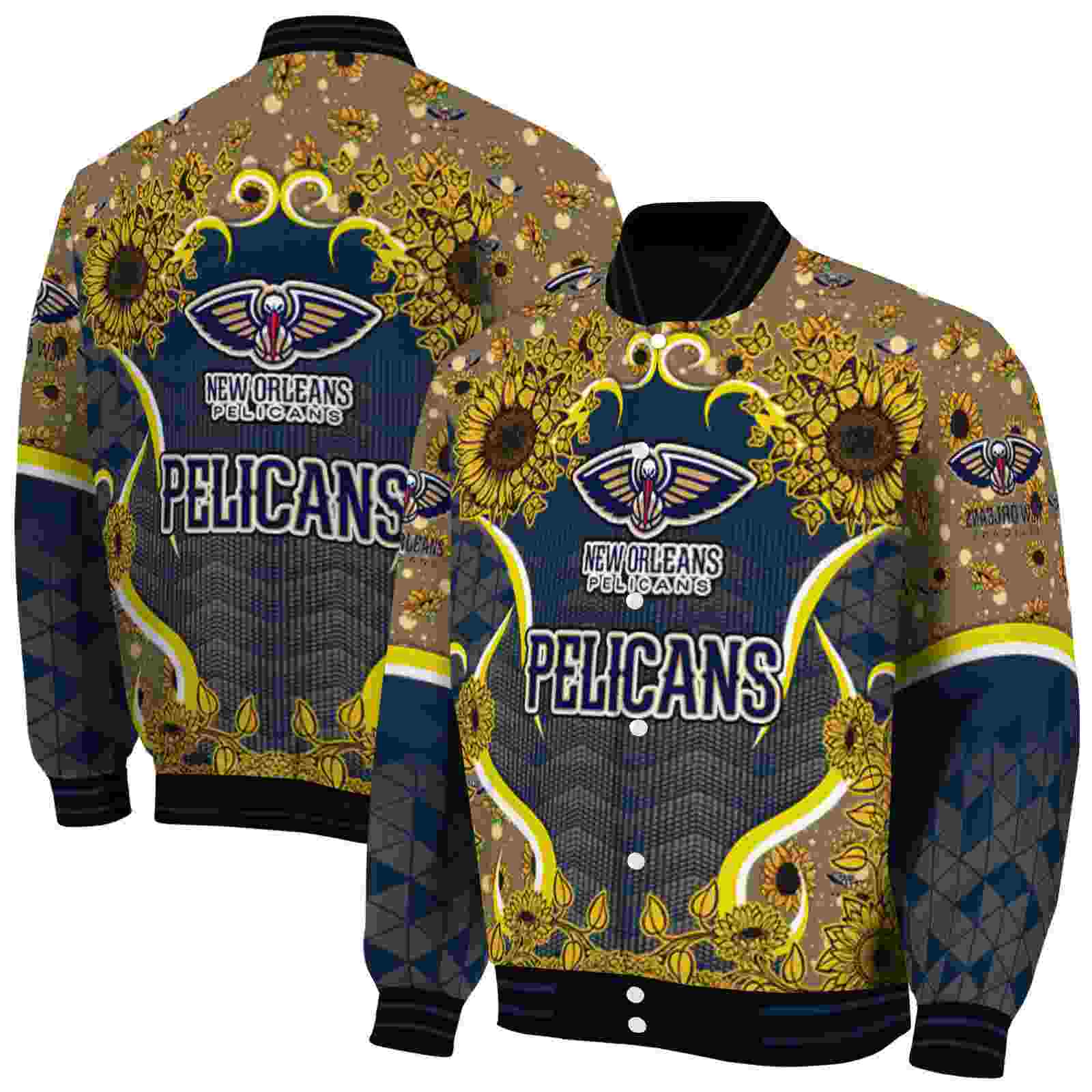 NBA New Orleans Pelicans SuNFL ower Bloom Navy Yellow Custom Baseball Jacket Sport Fans Gear