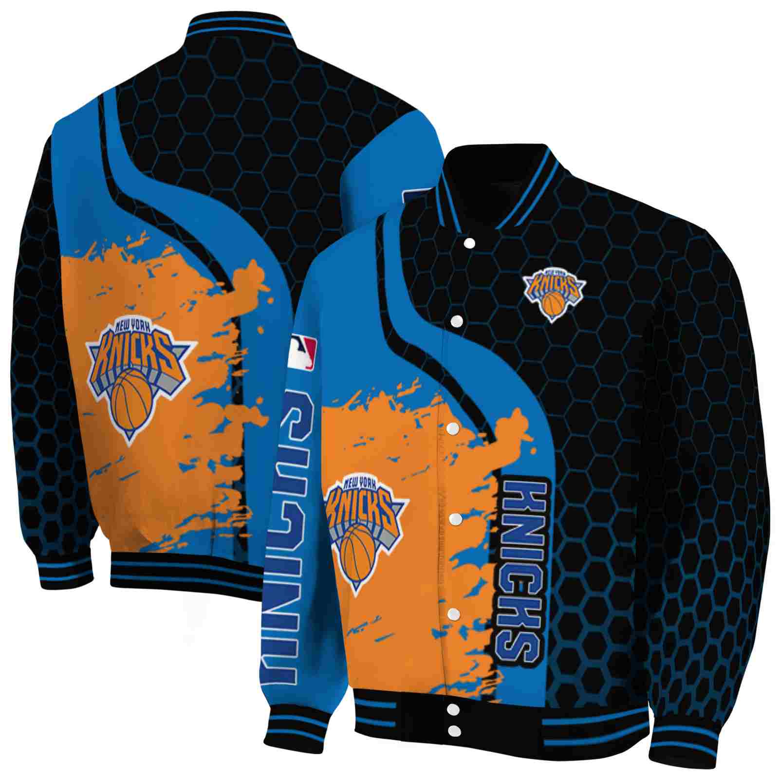 NBA New York Knicks Hexagonal Pattern Blue Black Custom Baseball Jacket Sport Fans Gear