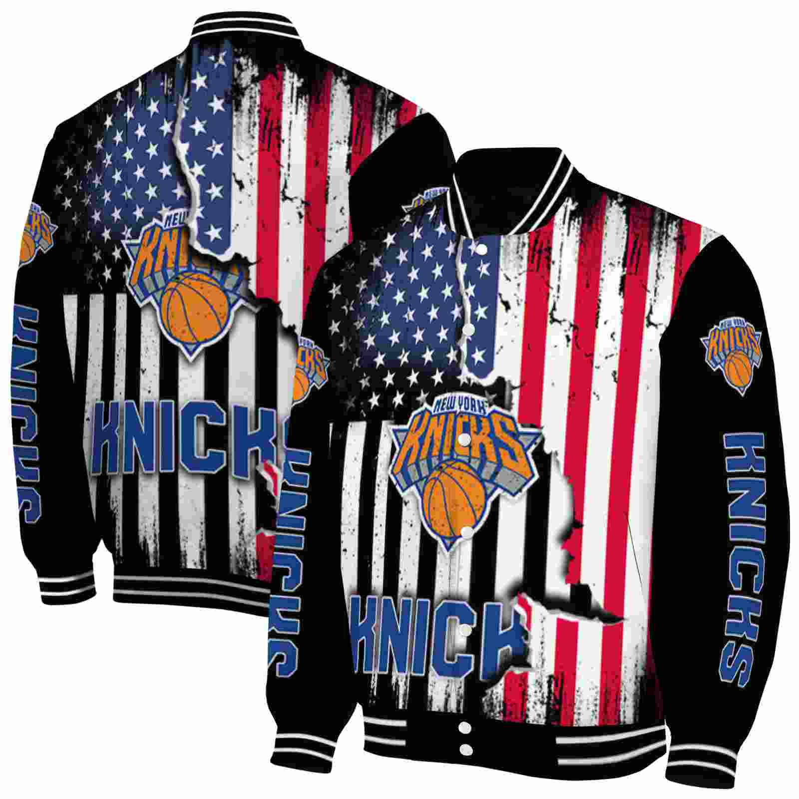 NBA New York Knicks Patriotic Theme Black Custom Baseball Jacket Sport Fans Gear