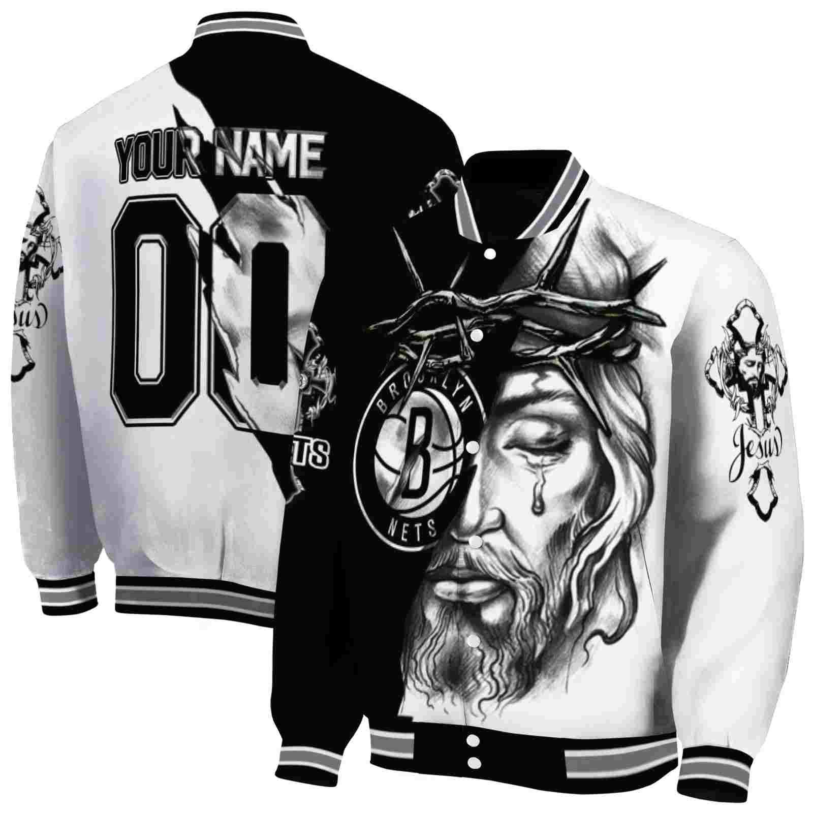 NBA Personalized Brooklyn Nets Jesus Tears Black White Custom Baseball Jacket Sport Fans Gear