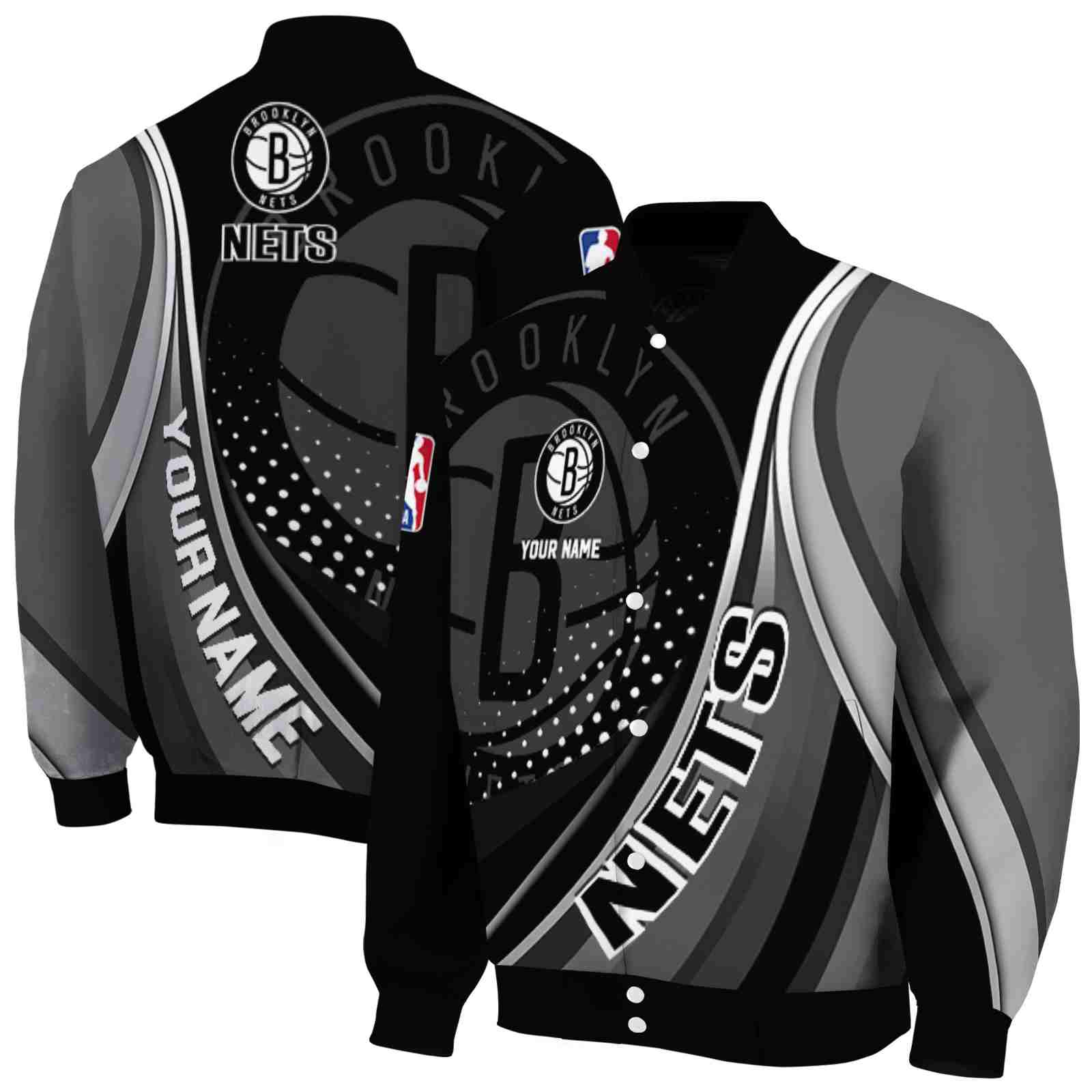 NBA Personalized Brooklyn Nets Wave Patterns Black Custom Baseball Jacket Sport Fans Gear