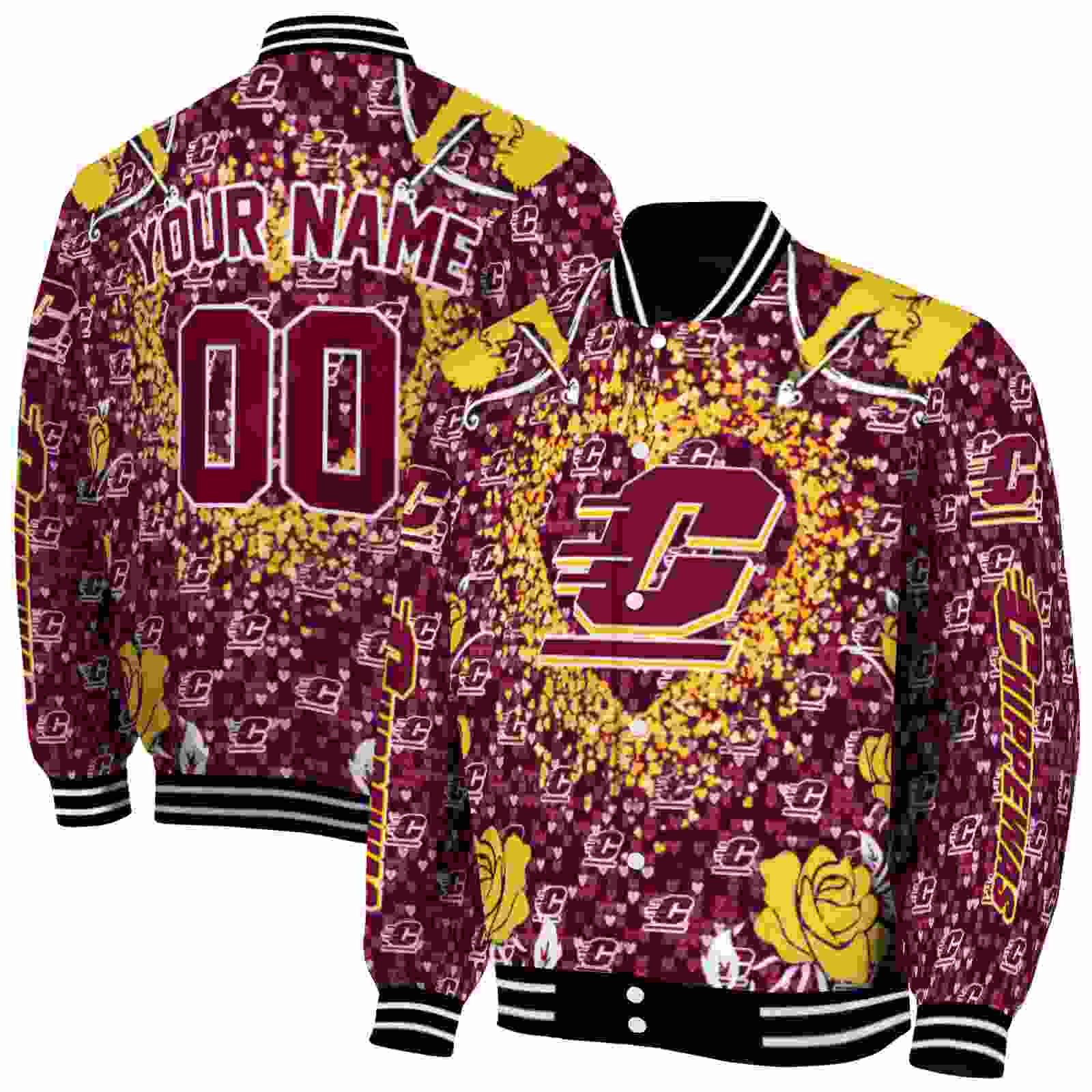 NBA Personalized Central Michigan Chippewas Heart Explosion Maroon Custom Baseball Jacket Sport Fans Gear