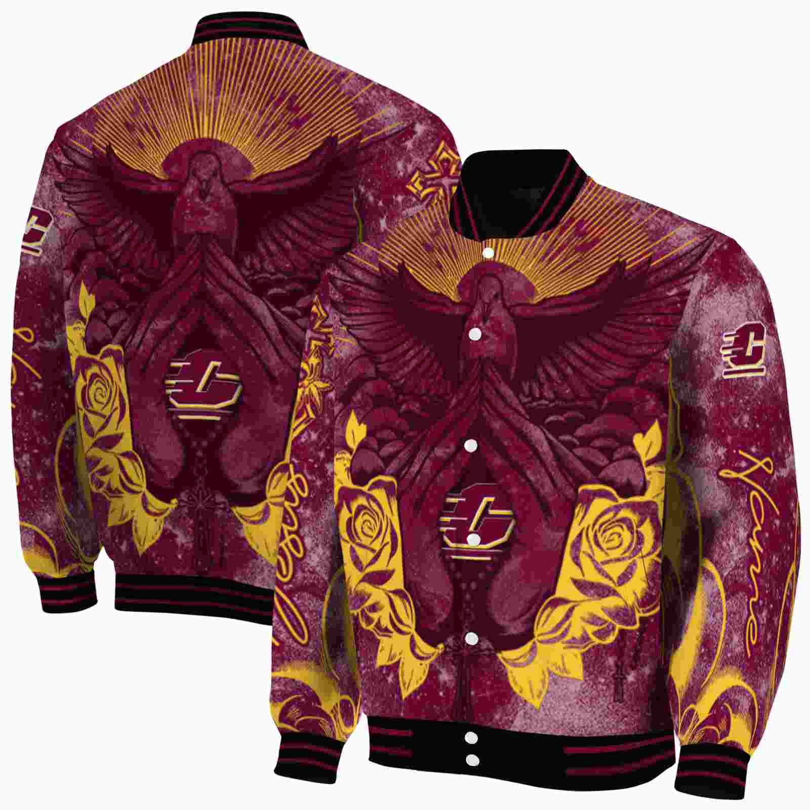 NBA Personalized Central Michigan Chippewas Praying Hands Maroon Custom Baseball Jacket Sport Fans Gear