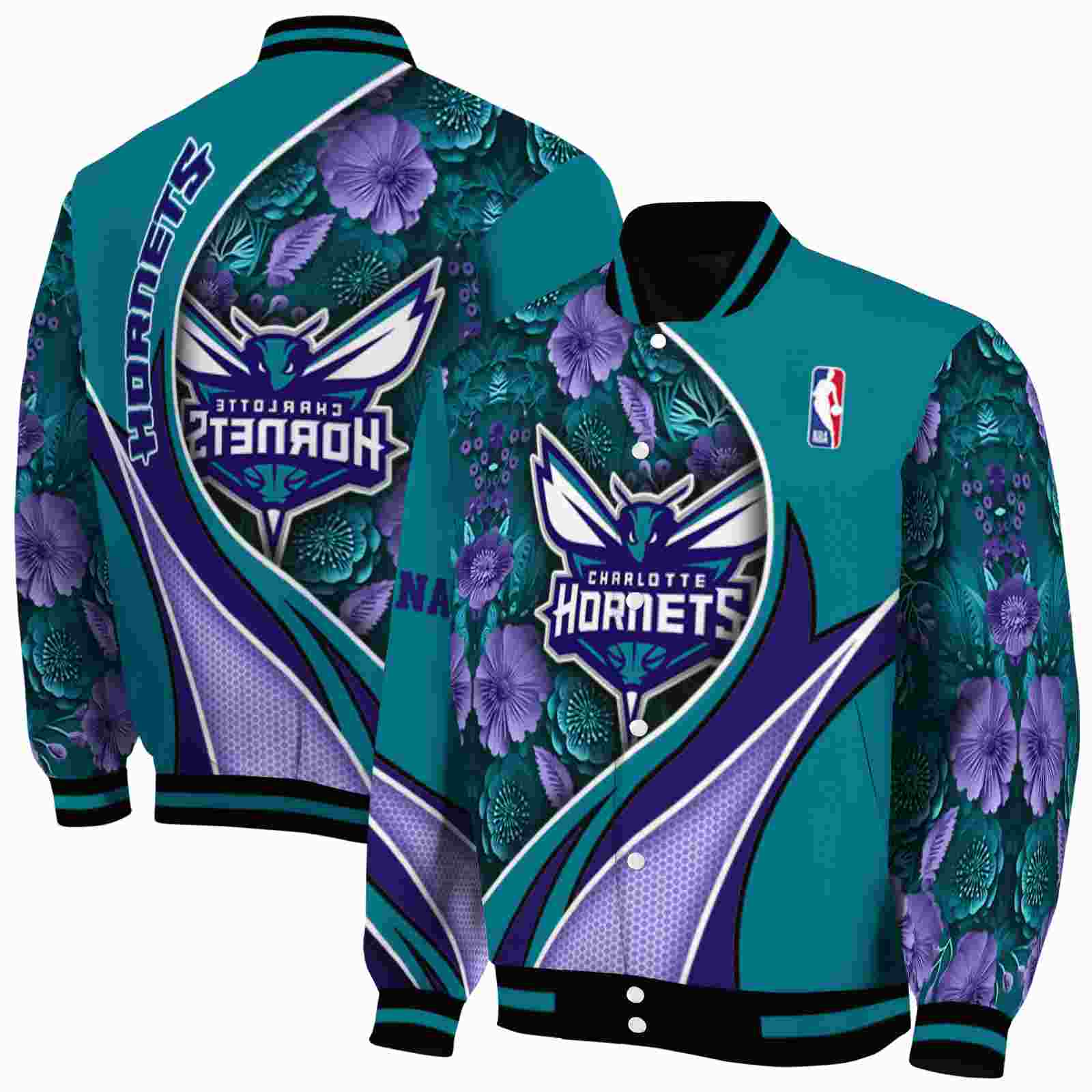NBA Personalized Charlotte Hornets Floral Print Teal Custom Baseball Jacket Sport Fans Gear