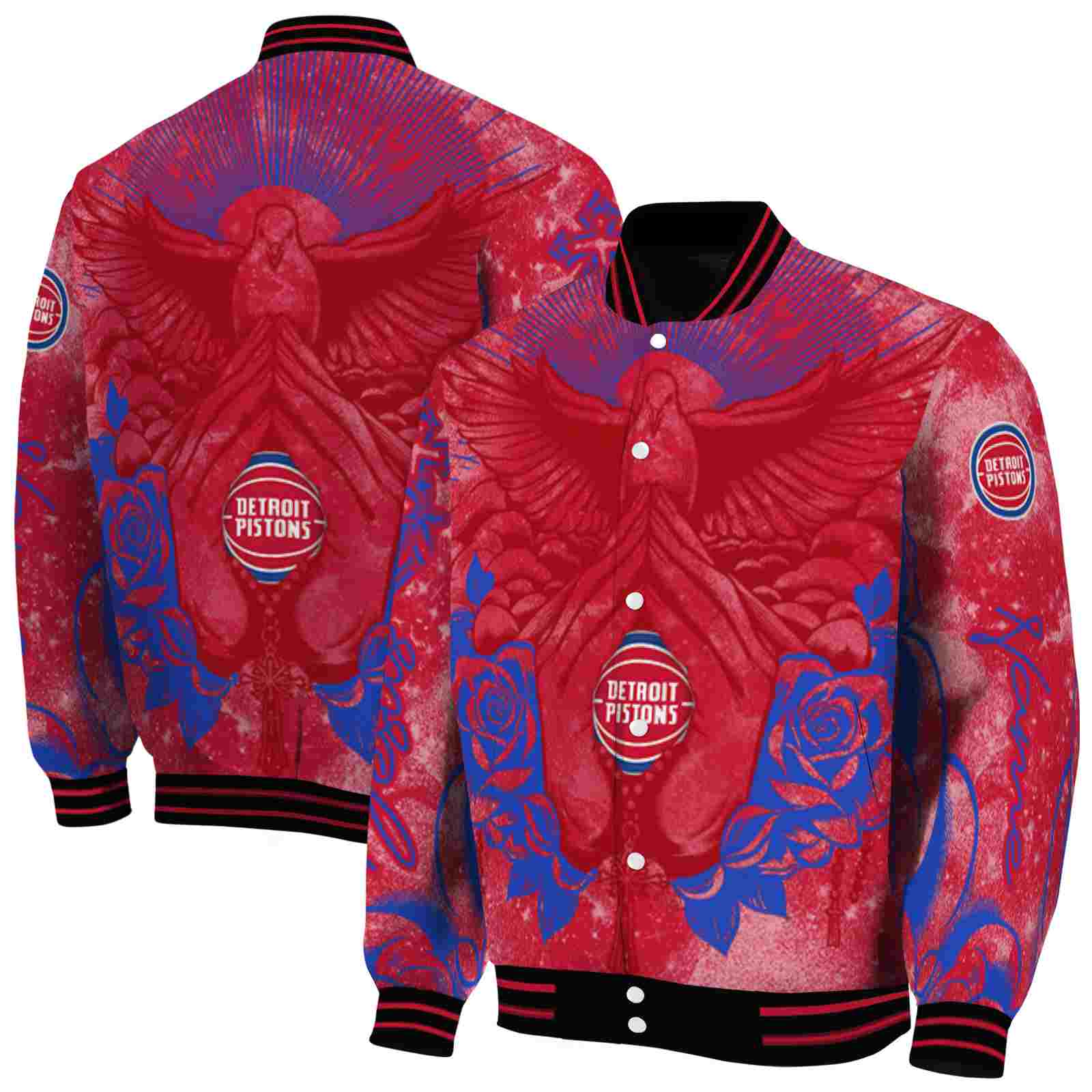 NBA Personalized Detroit Pistons Praying Hands Red Custom Baseball Jacket Sport Fans Gear