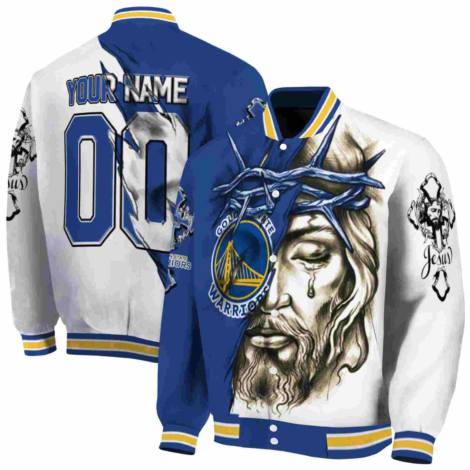 NBA Personalized Golden State Warriors Jesus Tears Blue White Custom Baseball Jacket Sport Fans Gear
