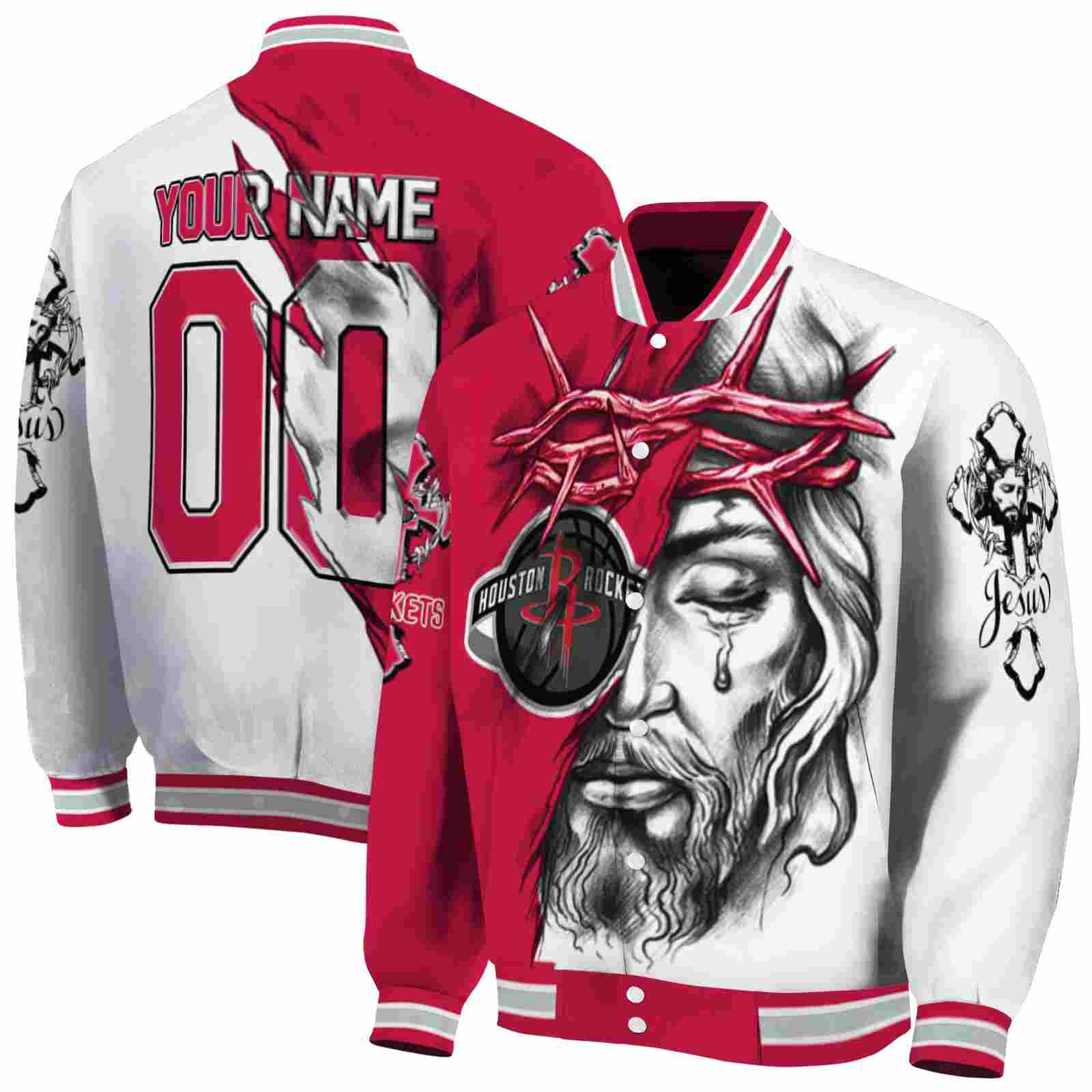 NBA Personalized Houston Rockets Jesus Tears Red White Custom Baseball Jacket Sport Fans Gear