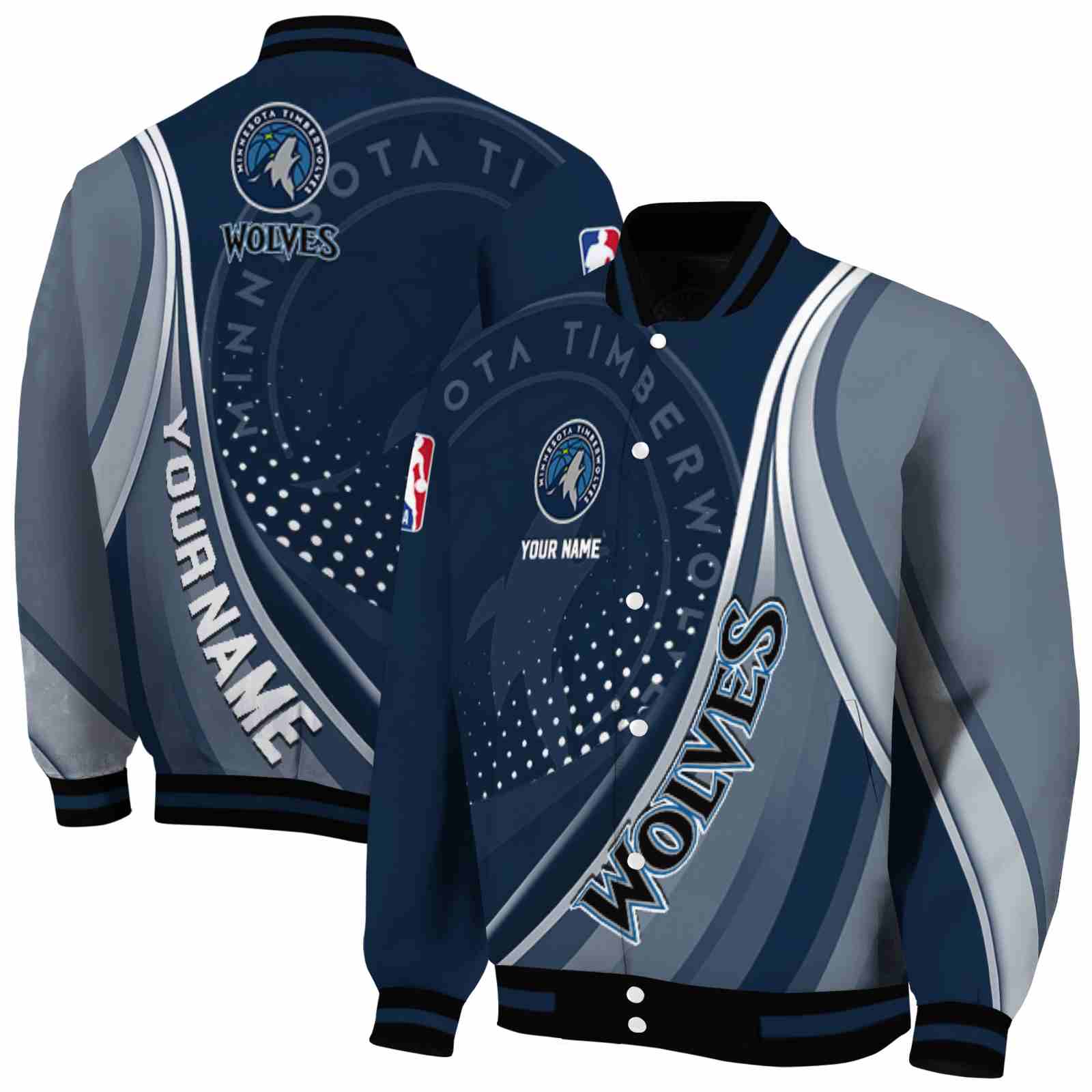 NBA Personalized Minnesota Timberwolves Wave Patterns Midnight Blue Custom Baseball Jacket Sport Fans Gear