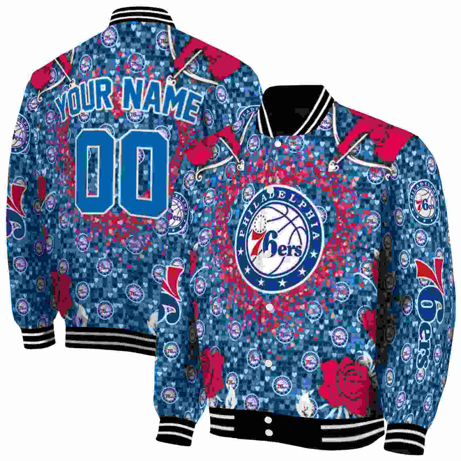 NBA Personalized Philadelphia 76ers Heart Explosion Blue Custom Baseball Jacket Sport Fans Gear