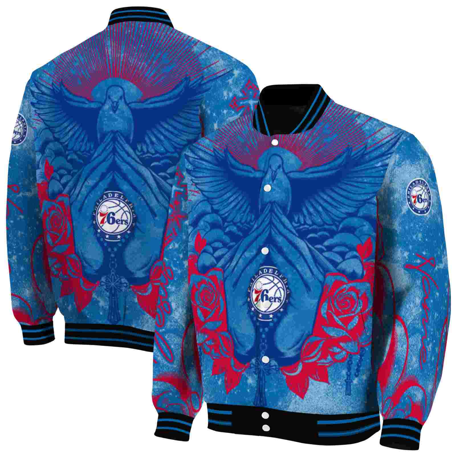 NBA Personalized Philadelphia 76ers Praying Hands Blue Custom Baseball Jacket Sport Fans Gear