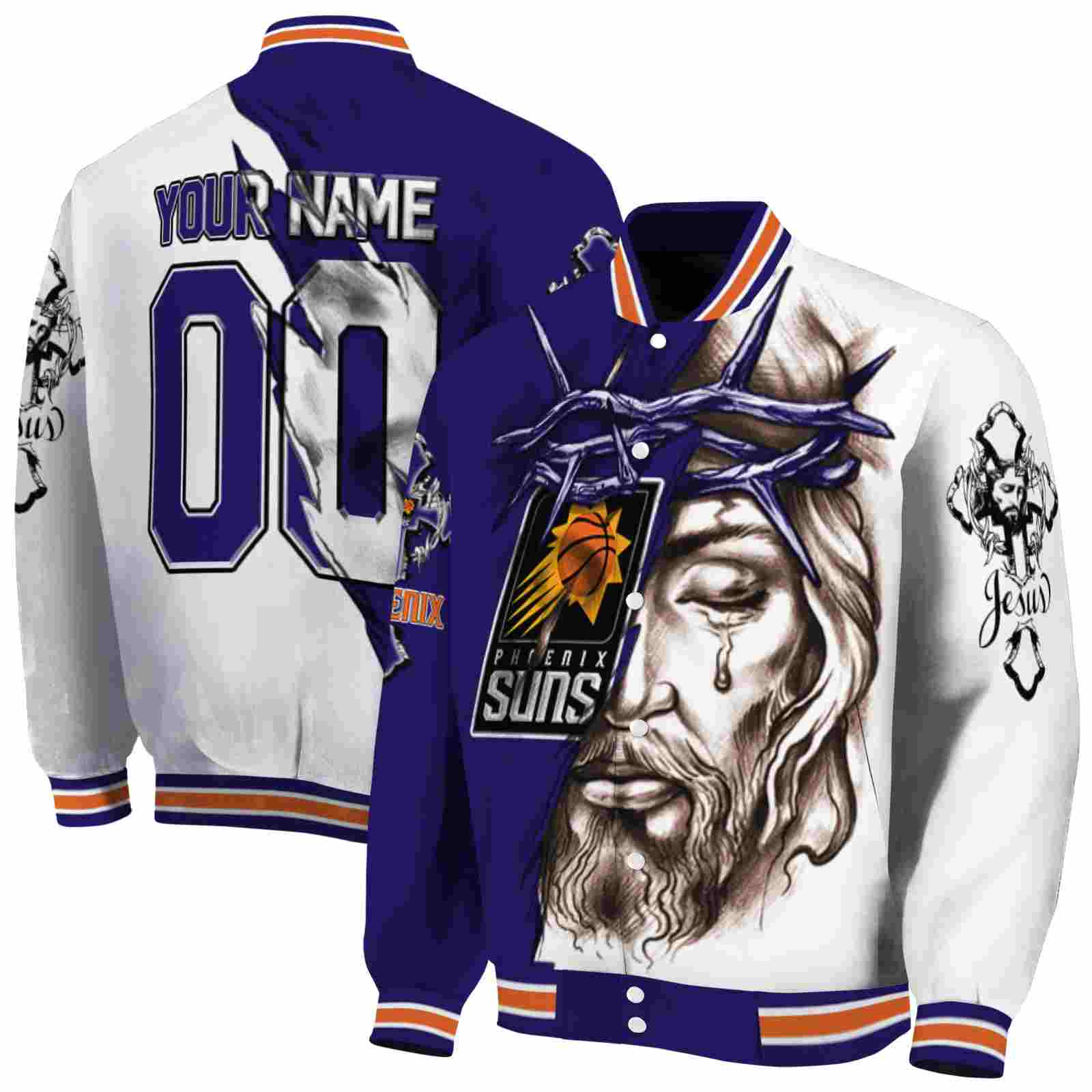 NBA Personalized Phoenix Suns Jesus Tears Purple White Custom Baseball Jacket Sport Fans Gear