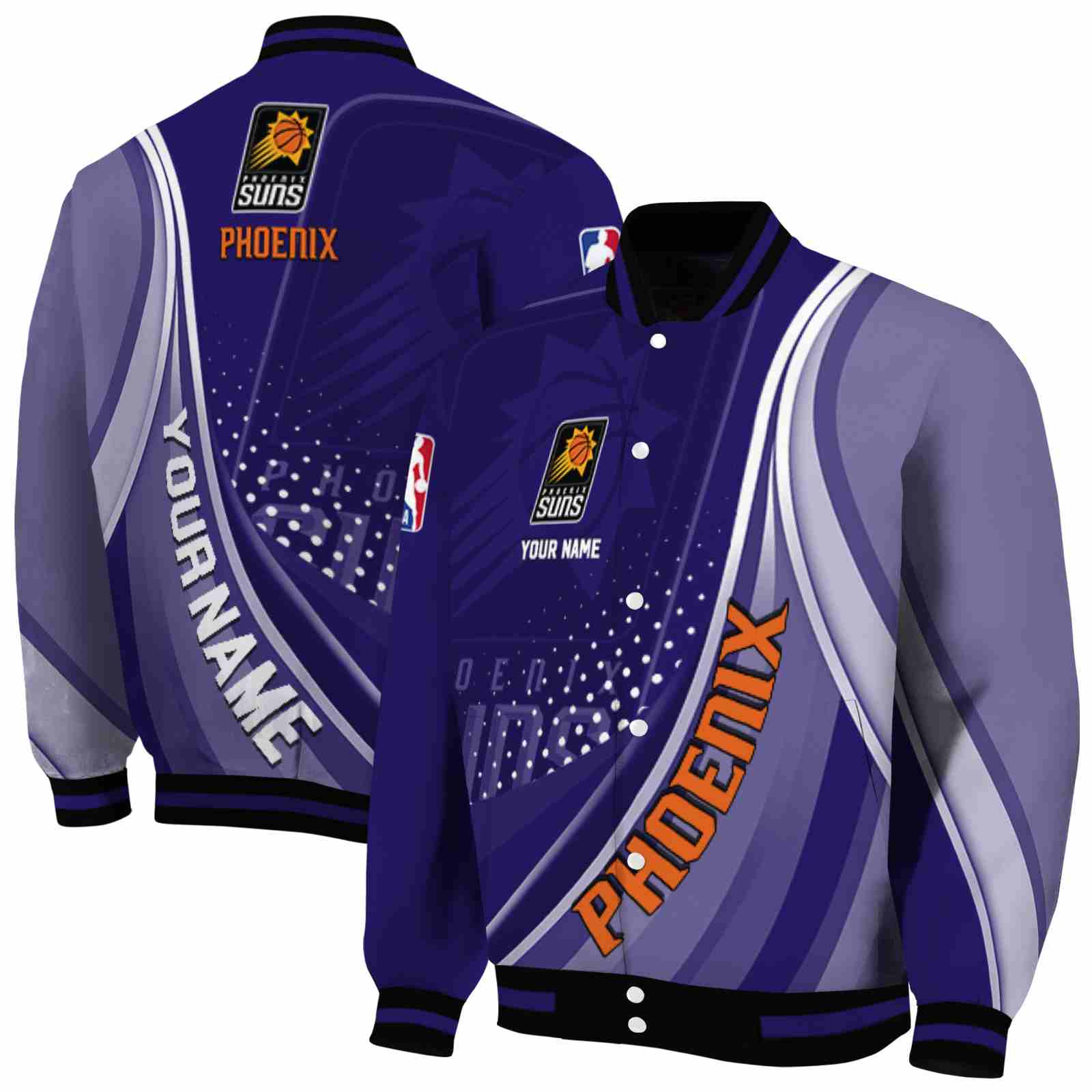 NBA Personalized Phoenix Suns Wave Patterns Purple Custom Baseball Jacket Sport Fans Gear