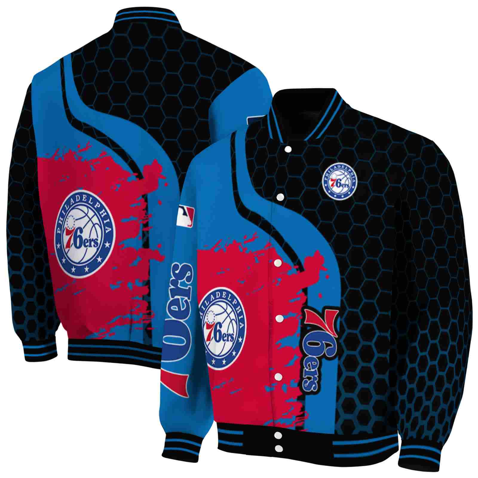 NBA Philadelphia 76ers Hexagonal Pattern Blue Black Custom Baseball Jacket Sport Fans Gear