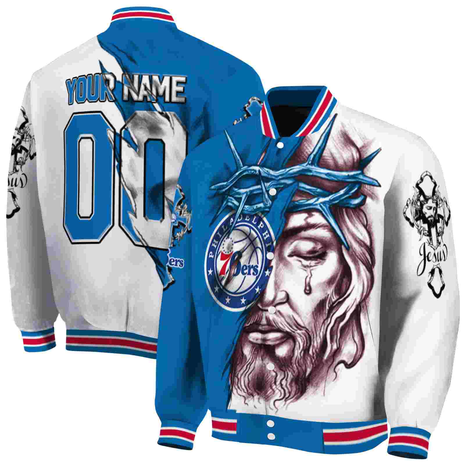 NBA Philadelphia 76ers Jesus Tears Blue White Custom Baseball Jacket Sport Fans Gear