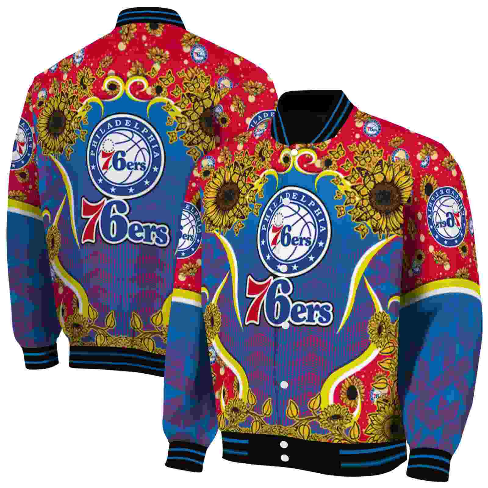 NBA Philadelphia 76ers SuNFL ower Bloom Blue Yellow Custom Baseball Jacket Sport Fans Gear