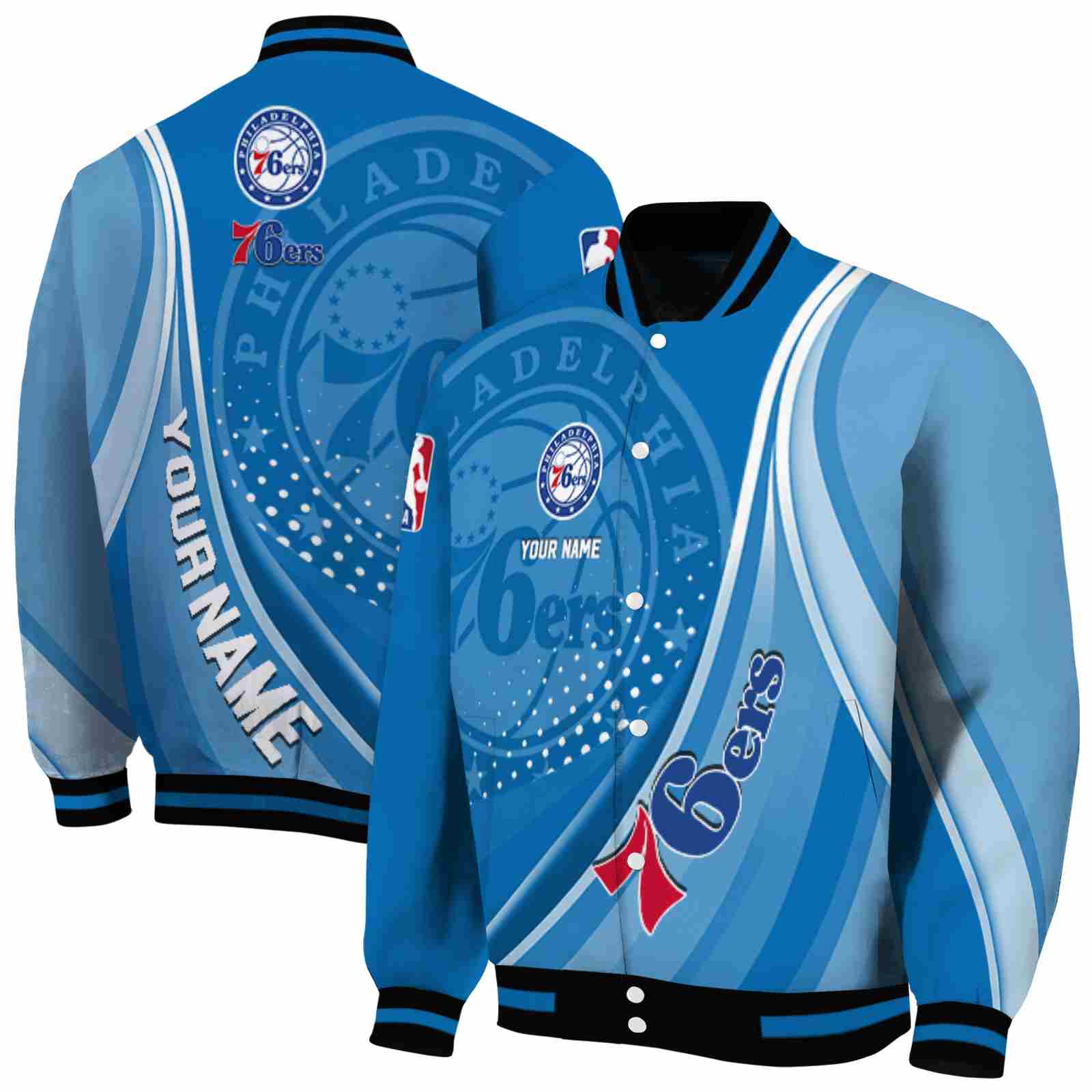 NBA Philadelphia 76ers Wave Patterns Blue Custom Baseball Jacket Sport Fans Gear