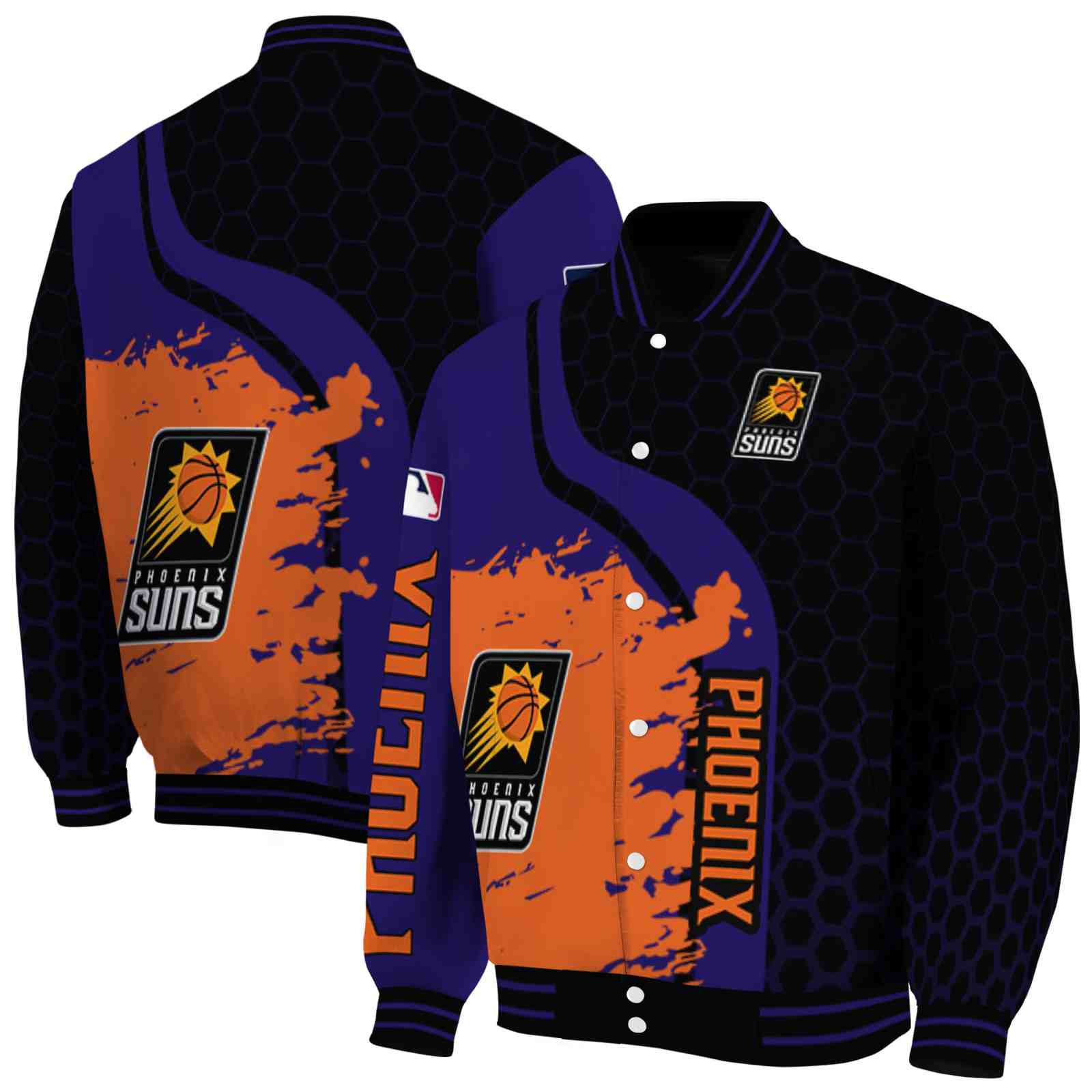 NBA Phoenix Suns Hexagonal Pattern Purple Black Custom Baseball Jacket Sport Fans Gear