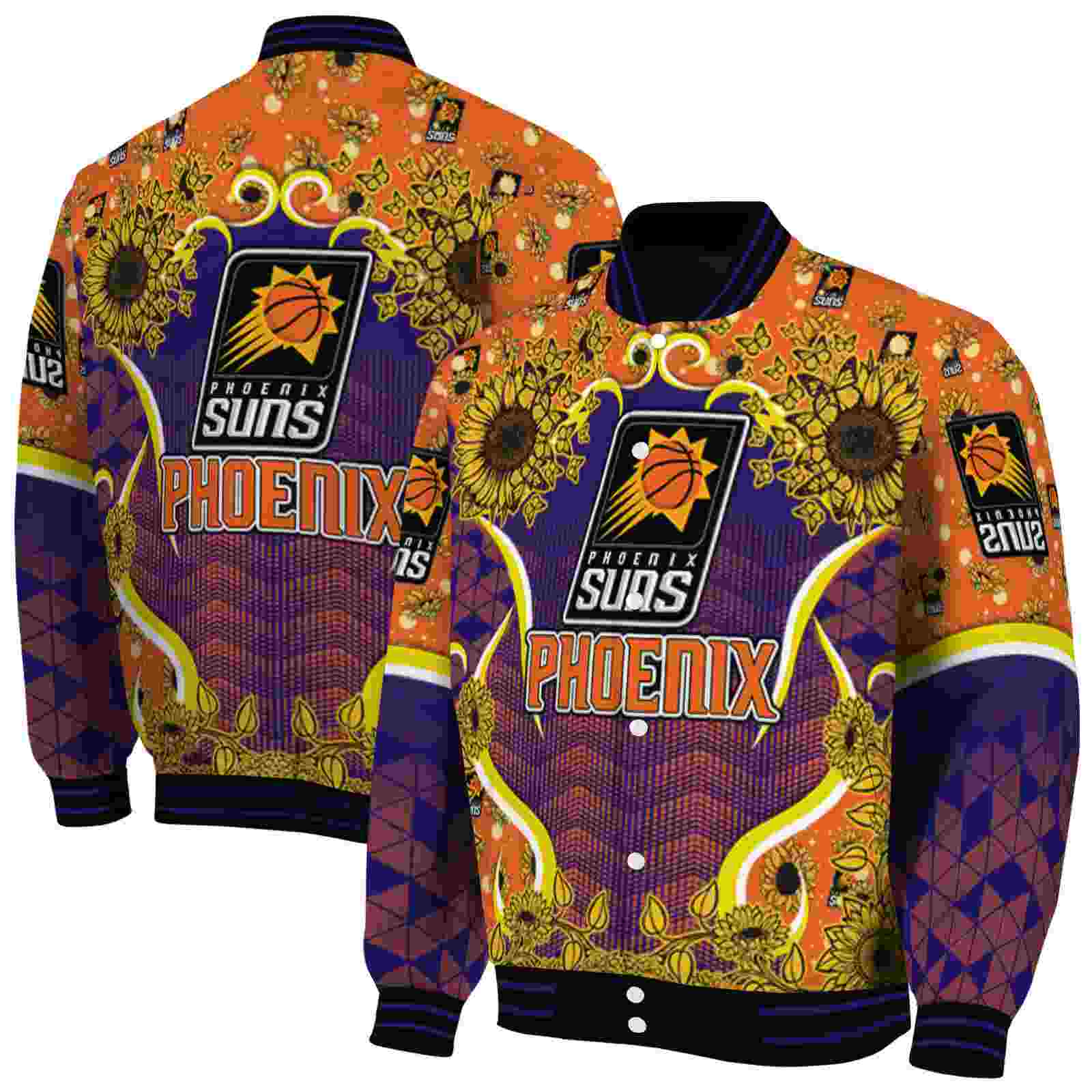 NBA Phoenix Suns SuNFL ower Bloom Purple Yellow Custom Baseball Jacket Sport Fans Gear