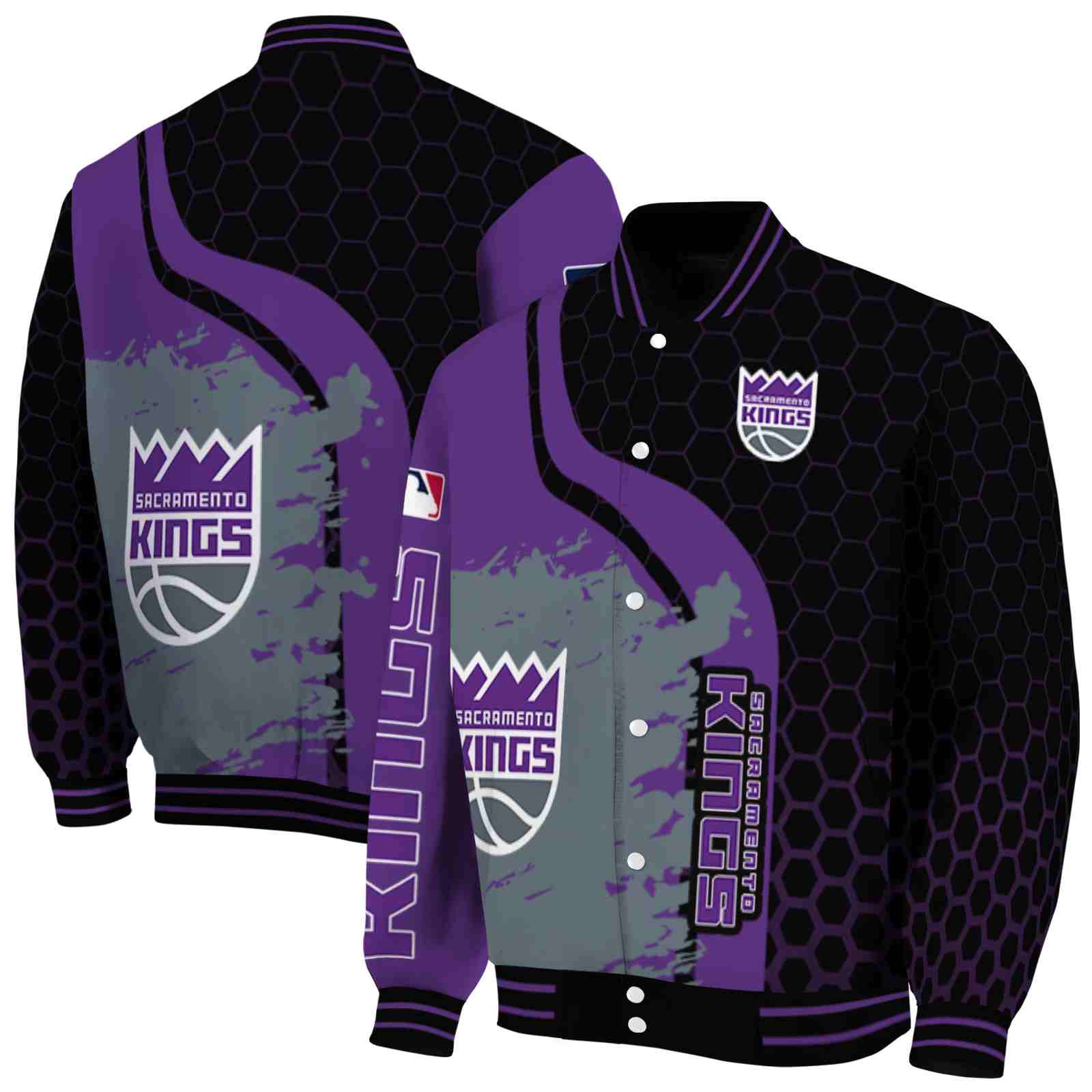 NBA Sacramento Kings Hexagonal Pattern Purple Black Custom Baseball Jacket Sport Fans Gear