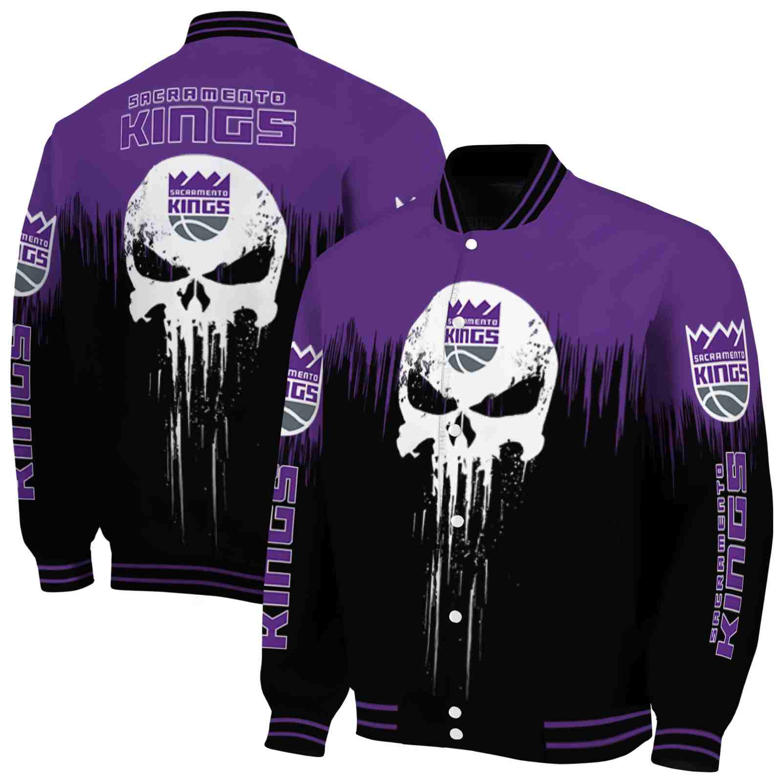 NBA Sacramento Kings Punisher Skull Purple Black White Custom Baseball Jacket Sport Fans Gear