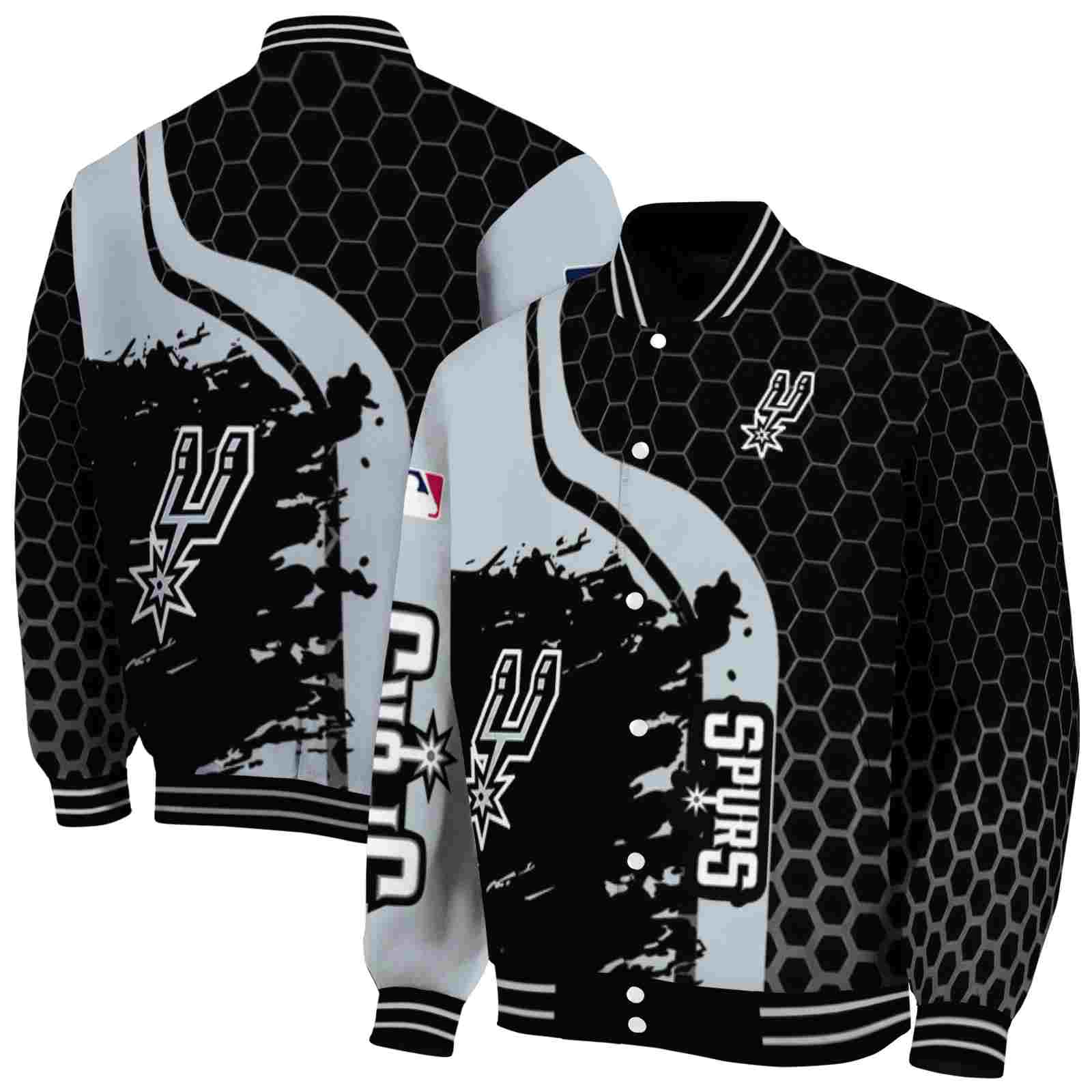 NBA San Antonio Spurs Hexagonal Pattern Silver Black Custom Baseball Jacket Sport Fans Gear