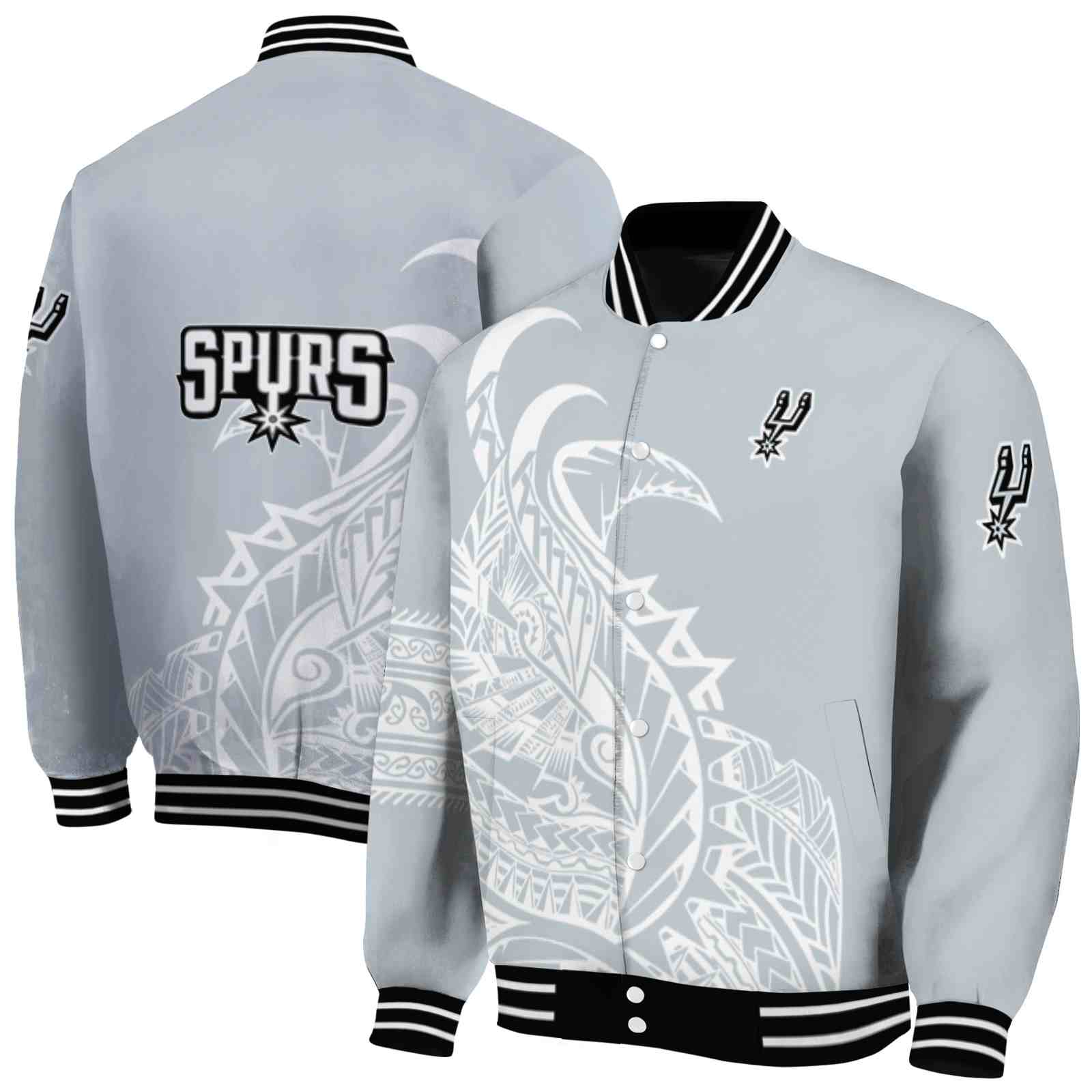 NBA San Antonio Spurs Tribal Art Silver White Black Custom Baseball Jacket Sport Fans Gear